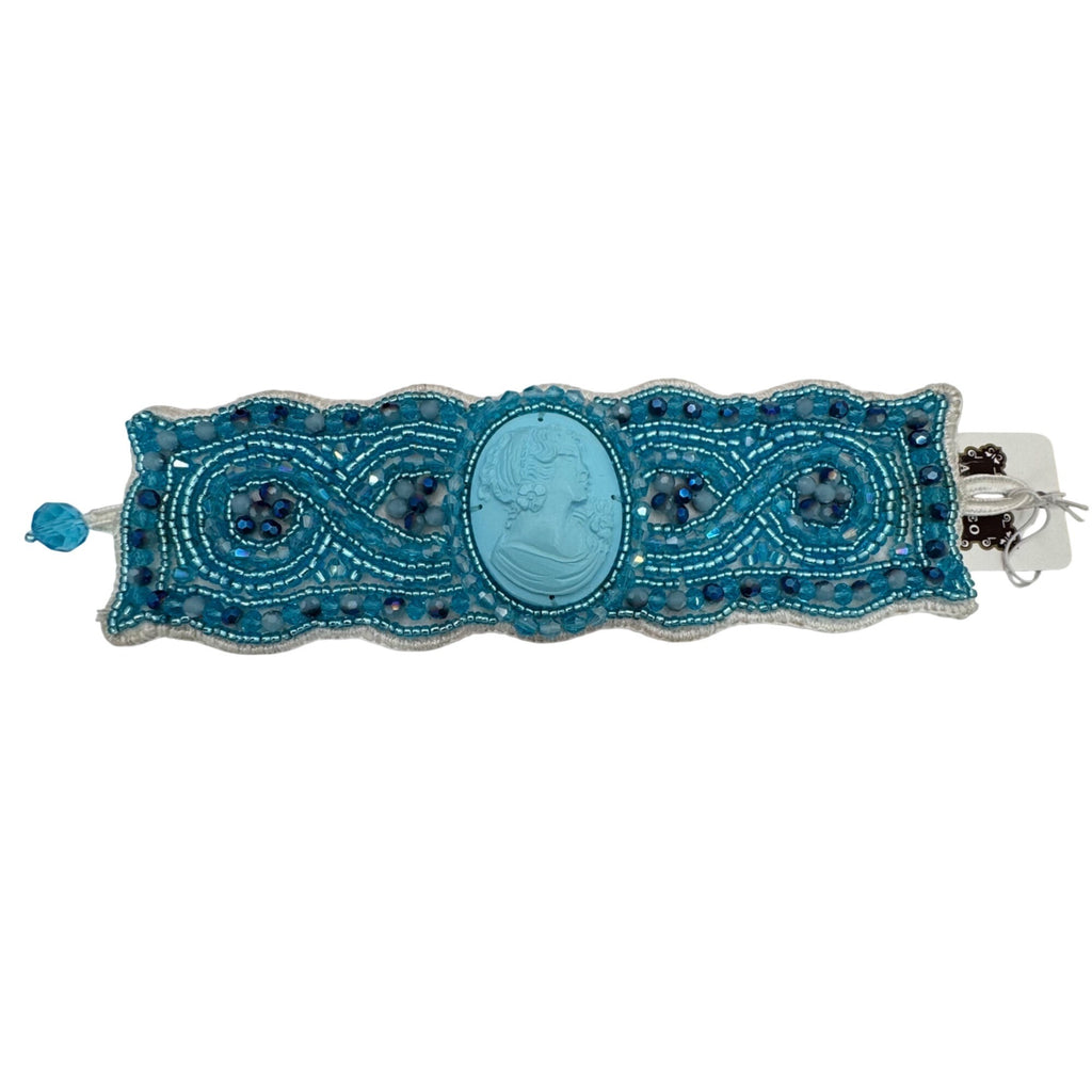 Amedeo Cameo Beaded Bracelet NYC Blue Cuff Woven Art Deco Victorian Style NEW