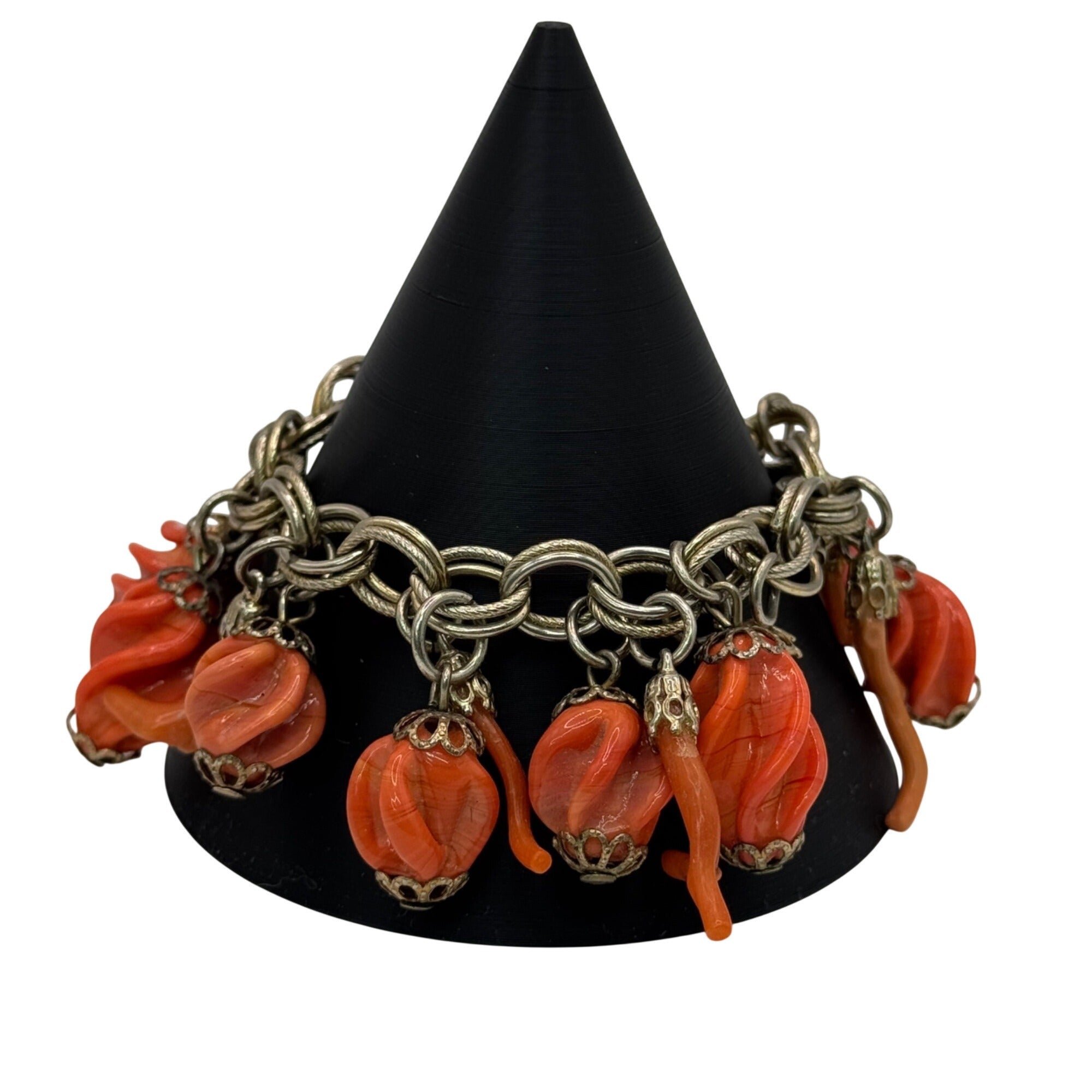 Vintage Silver-Tone Charm Bracelet Coral Orange Swirl Beads Dangles 7" Southwest