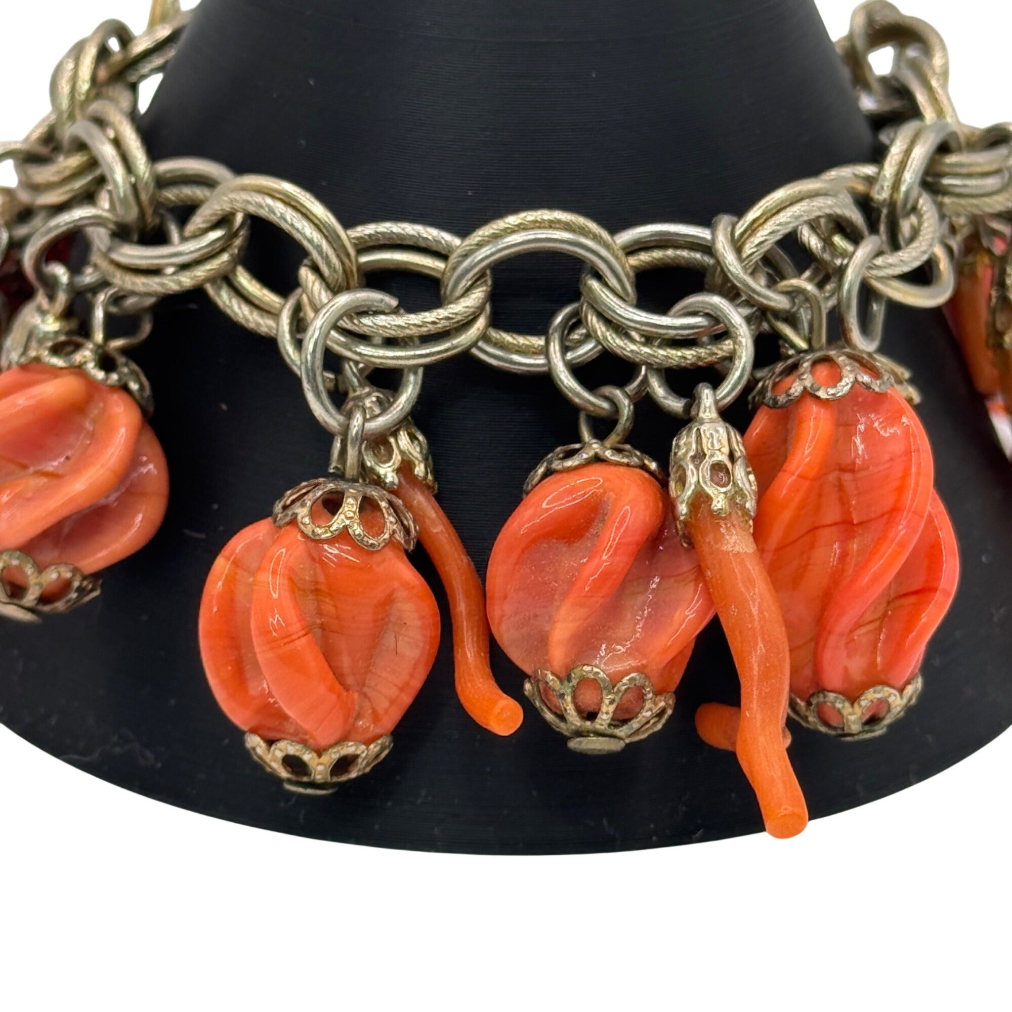 Vintage Silver-Tone Charm Bracelet Coral Orange Swirl Beads Dangles 7" Southwest