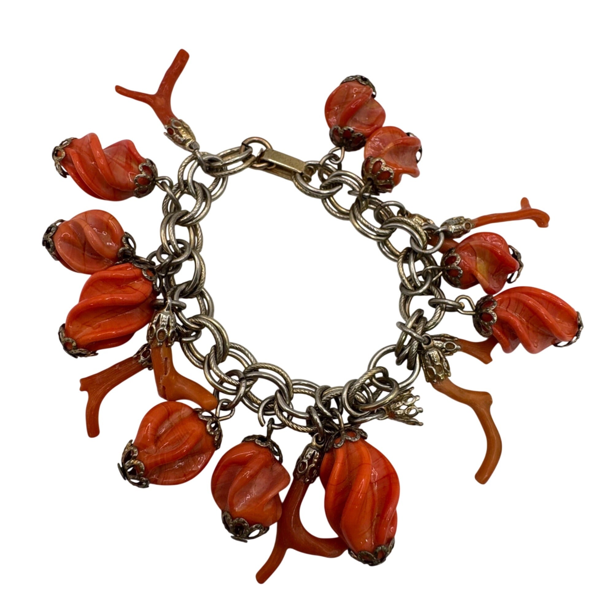 Vintage Silver-Tone Charm Bracelet Coral Orange Swirl Beads Dangles 7" Southwest