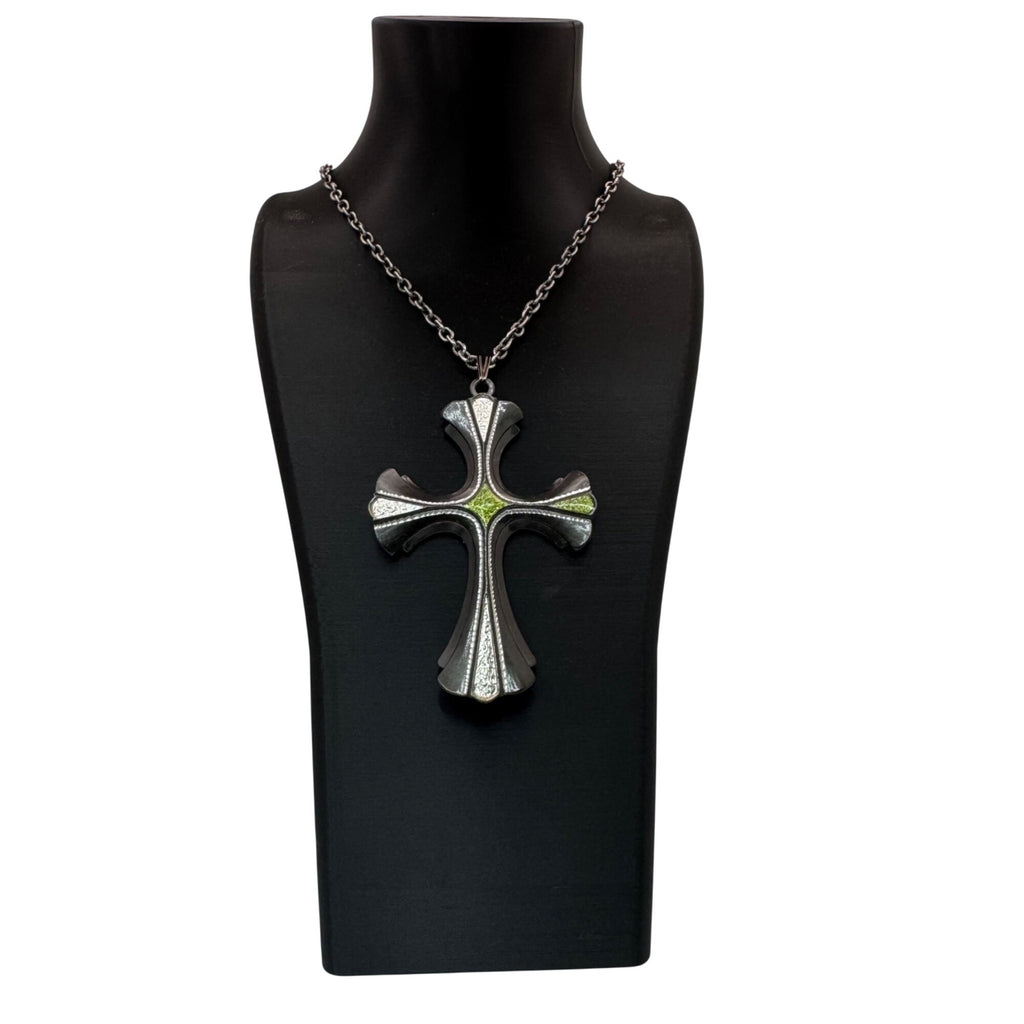 Vintage Sarah Coventry 1976 Limited Cross Necklace Green Enamel Silver Tone 24”