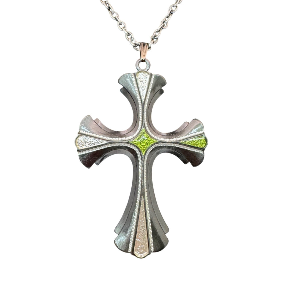 Vintage Sarah Coventry 1976 Limited Cross Necklace Green Enamel Silver Tone 24”