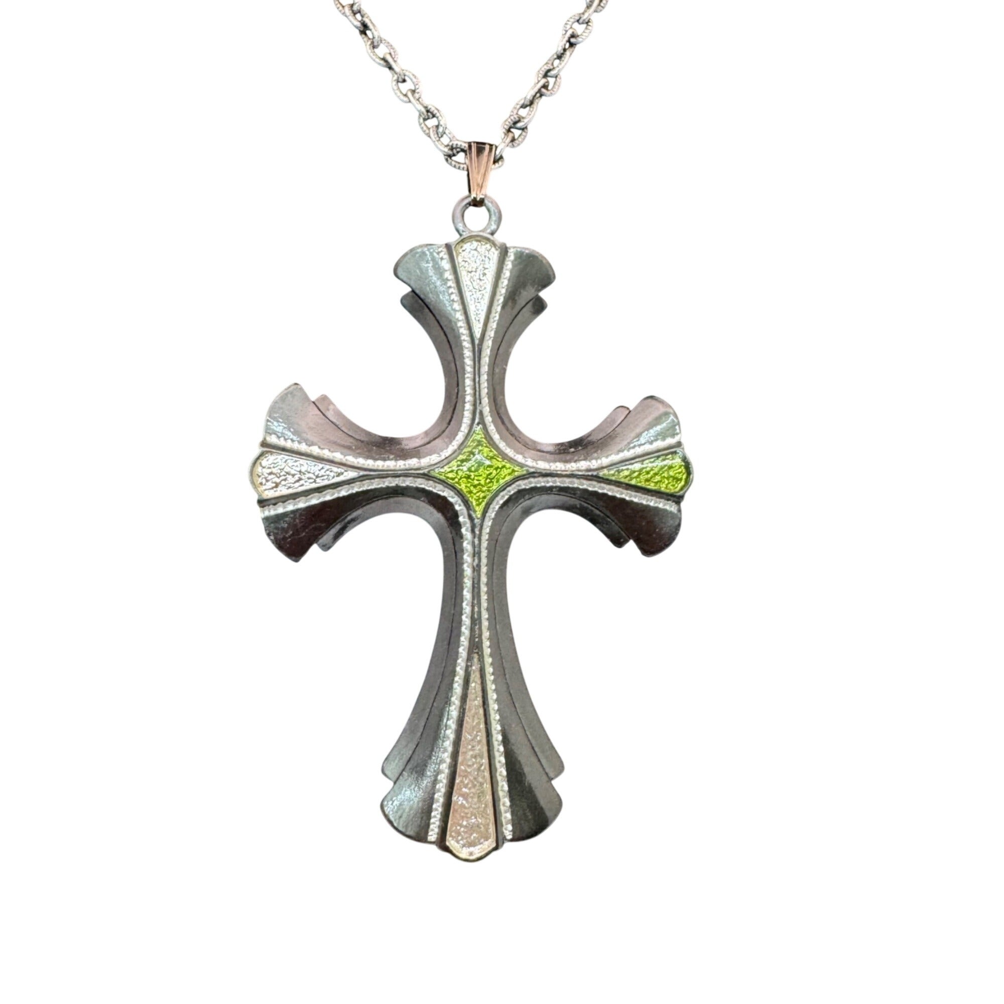 Vintage Sarah Coventry 1976 Limited Cross Necklace Green Enamel Silver Tone 24”
