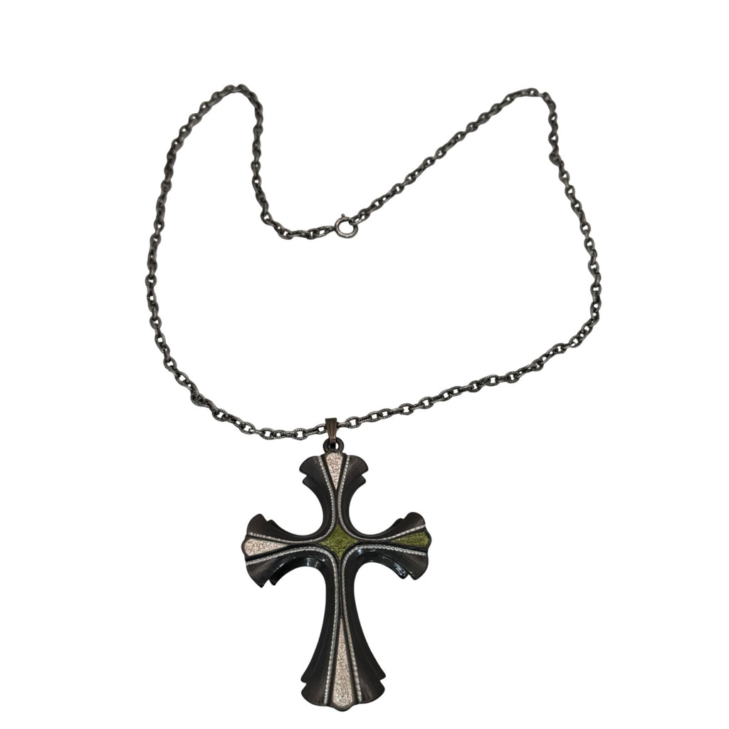 Vintage Sarah Coventry 1976 Limited Cross Necklace Green Enamel Silver Tone 24”