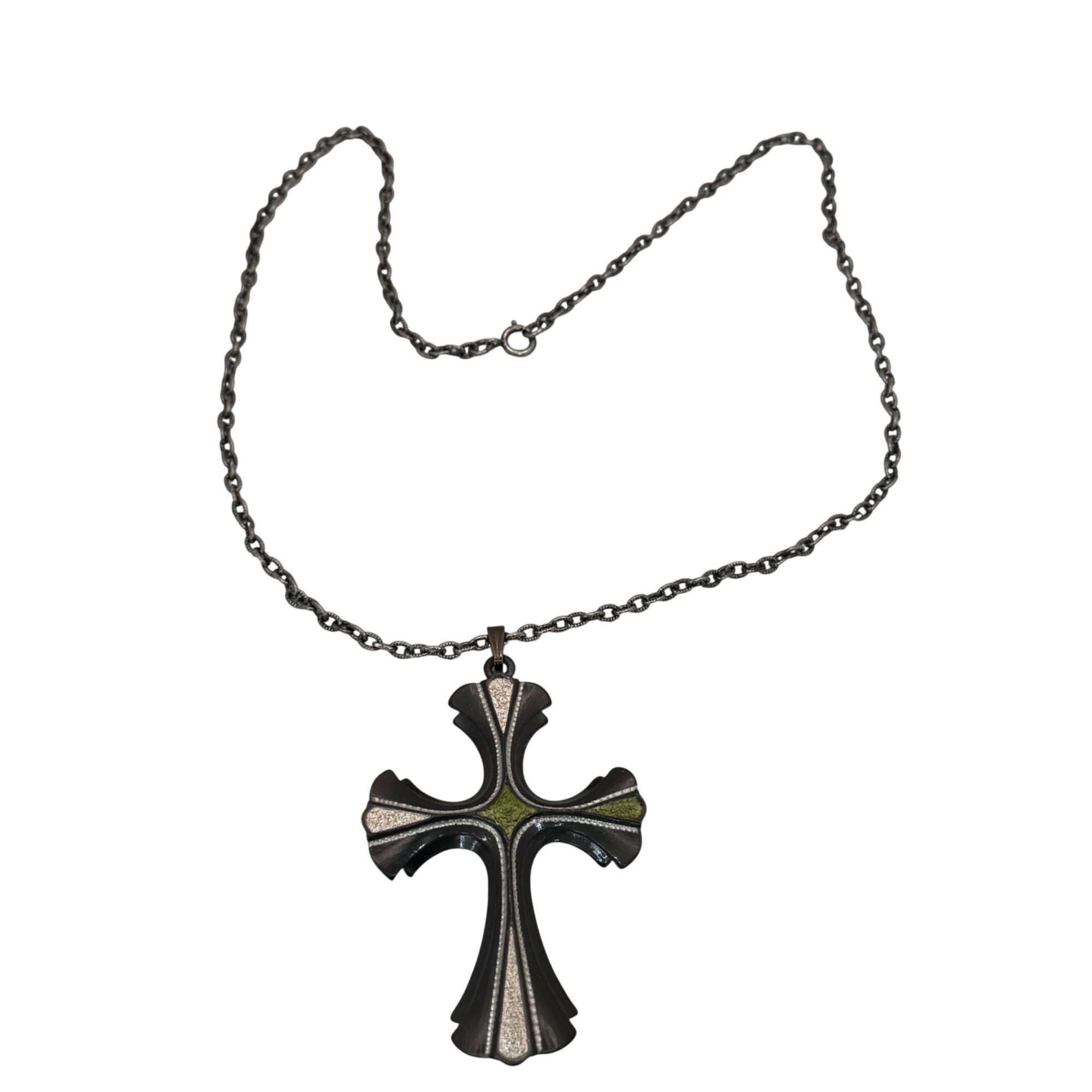 Vintage Sarah Coventry 1976 Limited Cross Necklace Green Enamel Silver Tone 24”