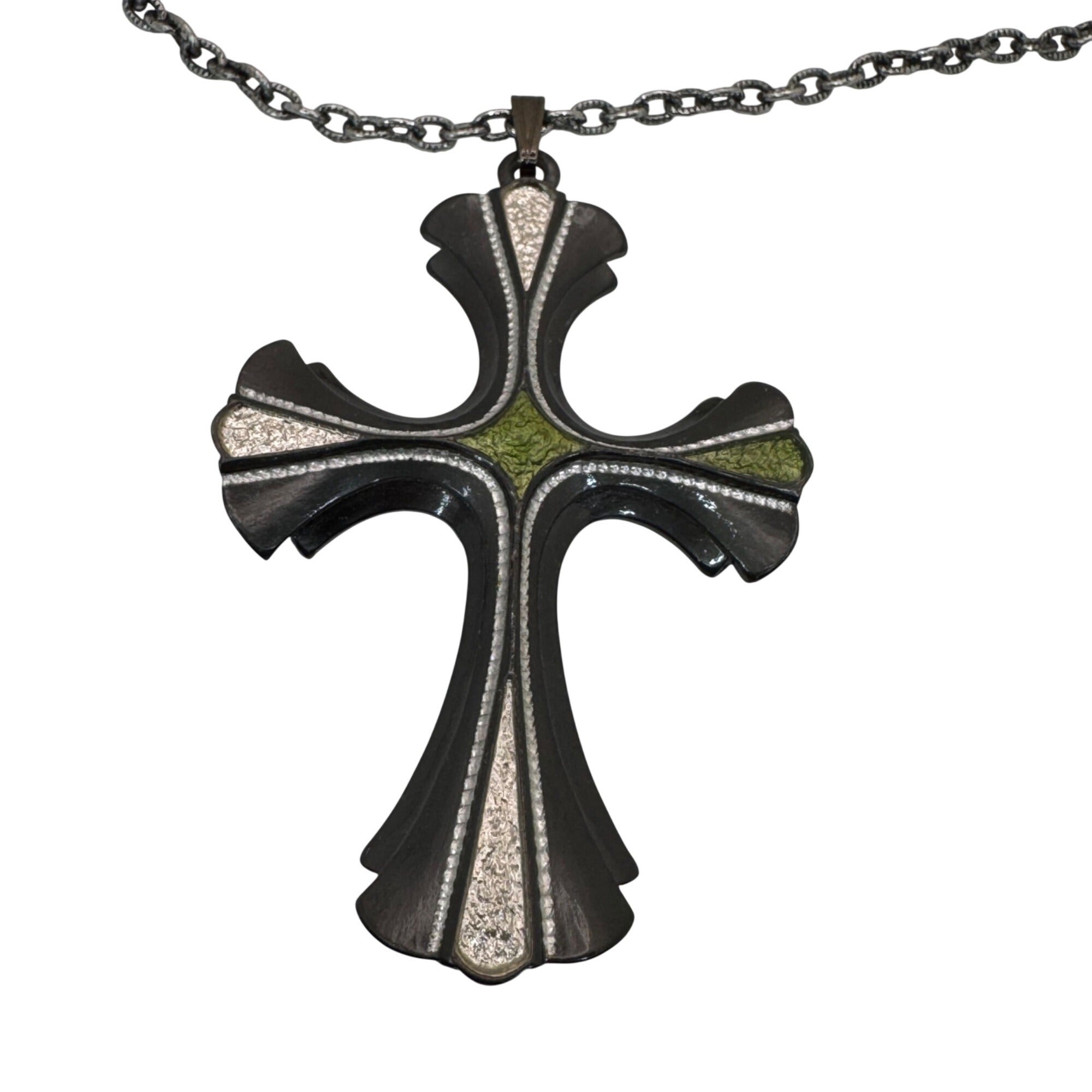 Vintage Sarah Coventry 1976 Limited Cross Necklace Green Enamel Silver Tone 24”