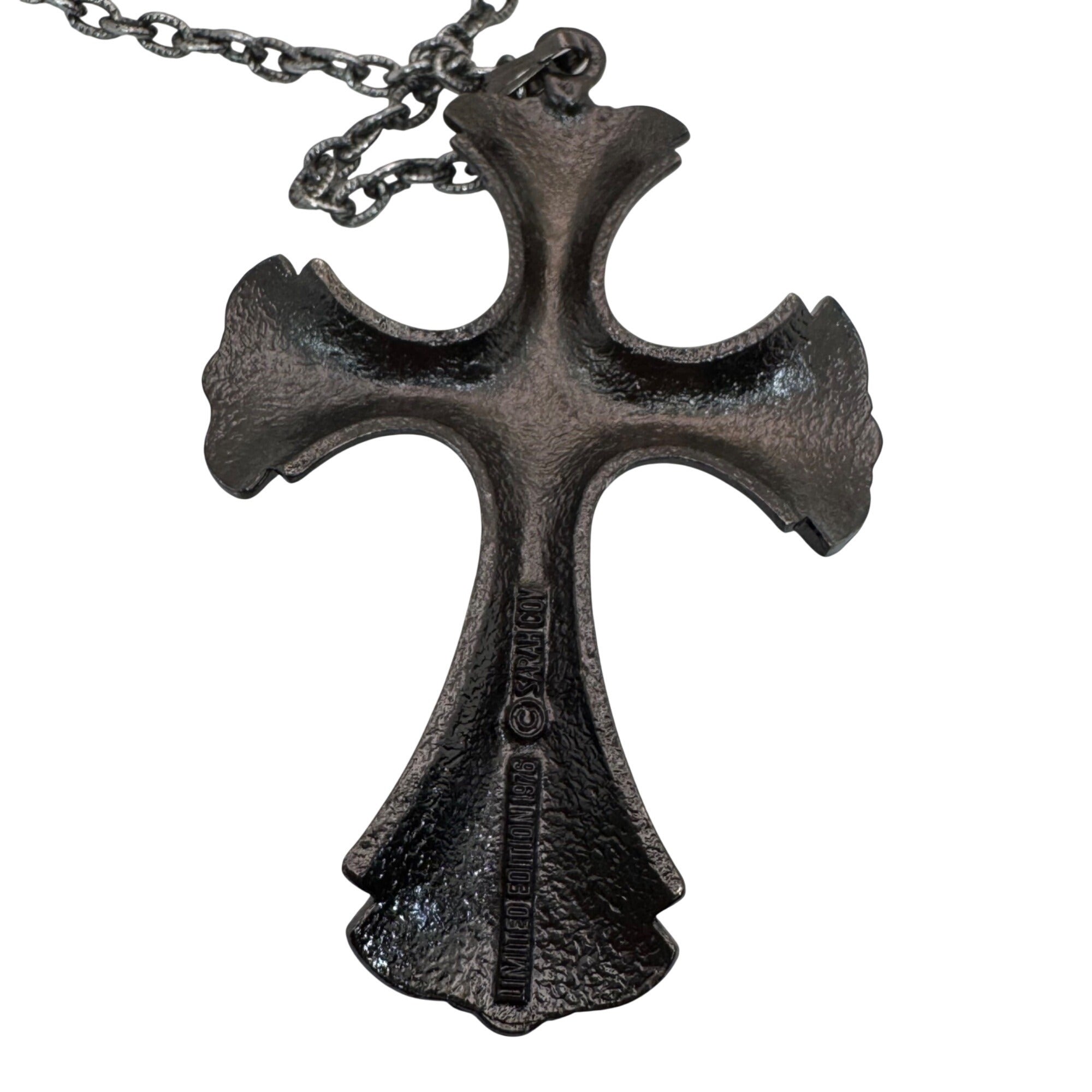 Vintage Sarah Coventry 1976 Limited Cross Necklace Green Enamel Silver Tone 24”