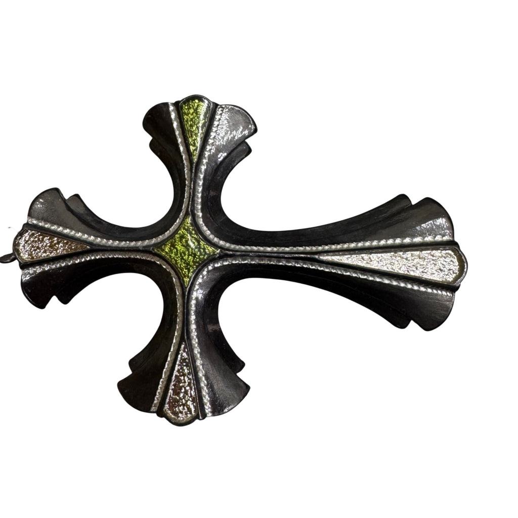 Vintage Sarah Coventry 1976 Limited Cross Necklace Green Enamel Silver Tone 24”