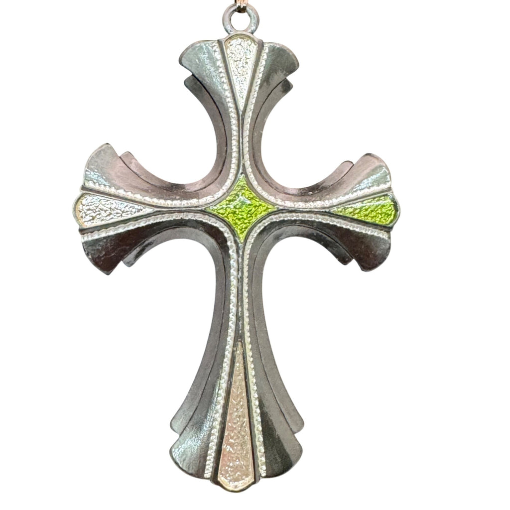 Vintage Sarah Coventry 1976 Limited Cross Necklace Green Enamel Silver Tone 24”
