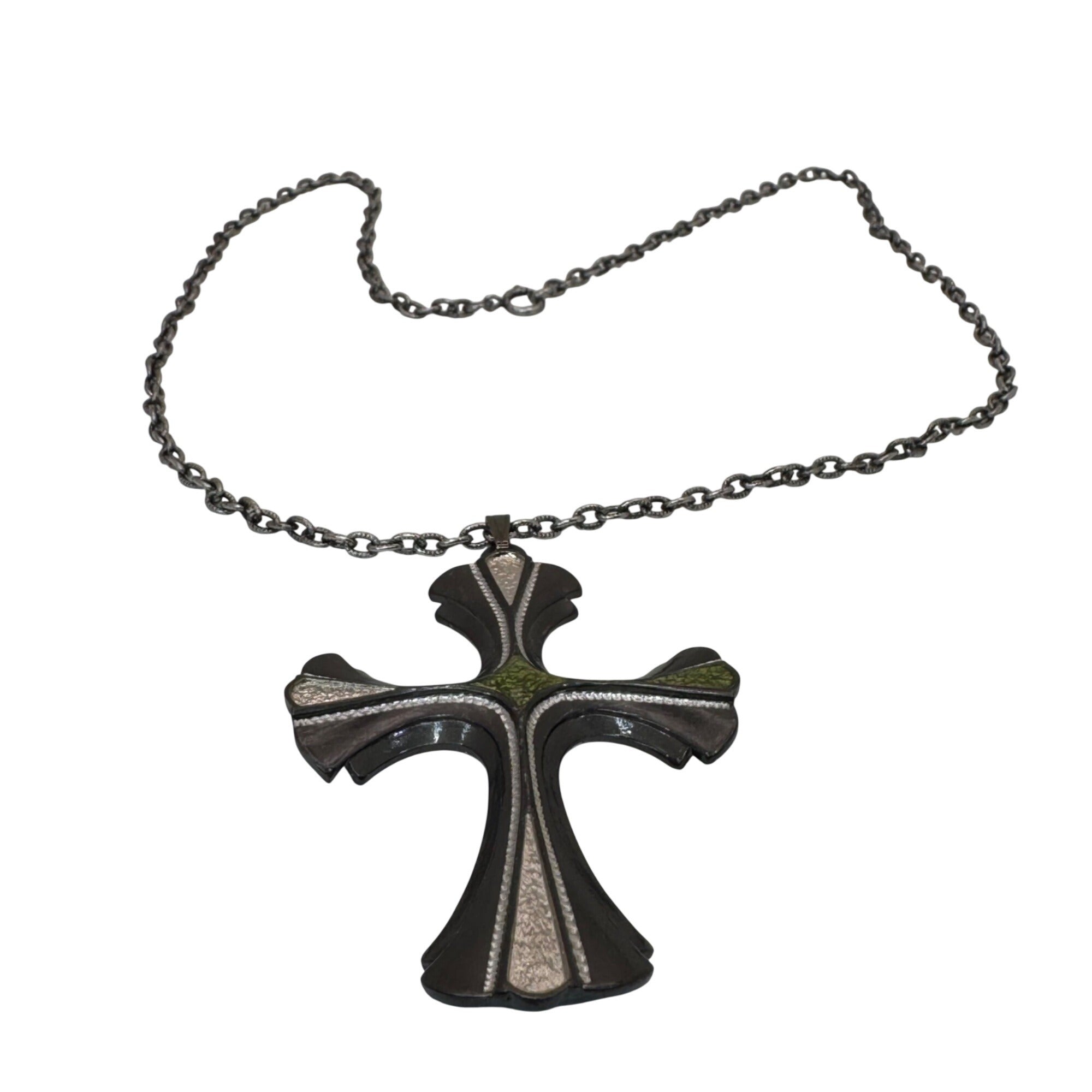 Vintage Sarah Coventry 1976 Limited Cross Necklace Green Enamel Silver Tone 24”