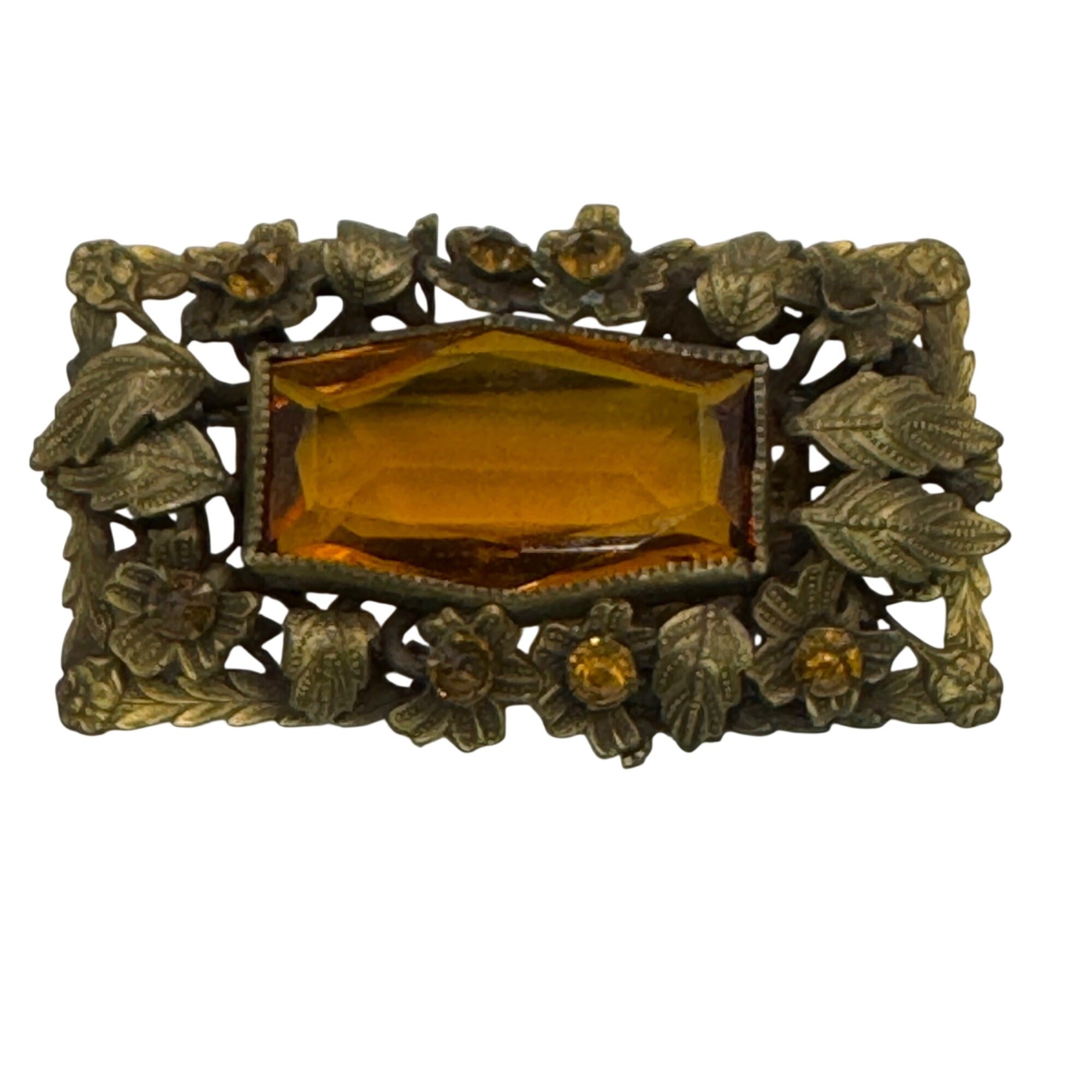 Vintage Amber Czech Glass Floral Brass Brooch Pin Ornate 2" Art Deco Victorian