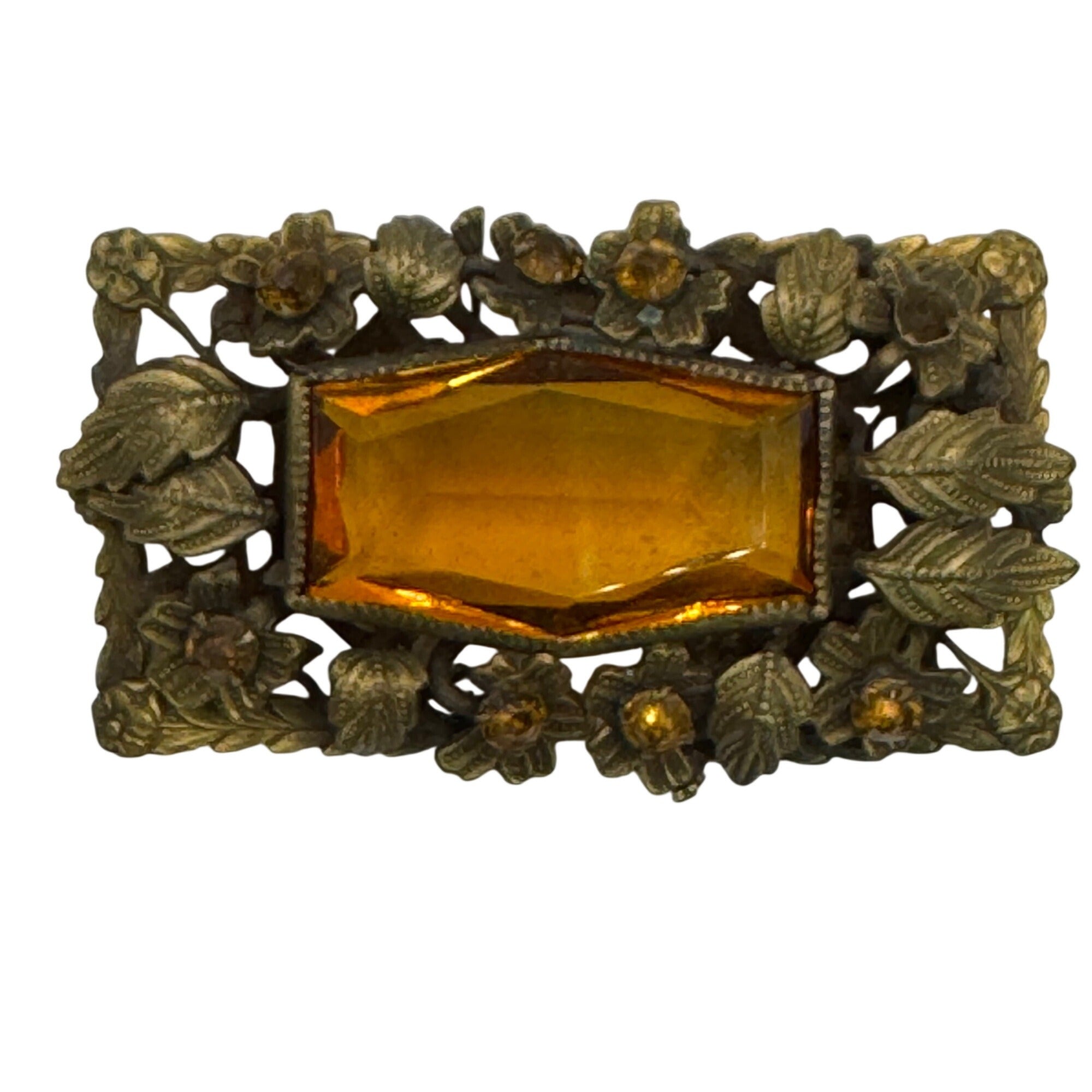 Vintage Amber Czech Glass Floral Brass Brooch Pin Ornate 2" Art Deco Victorian
