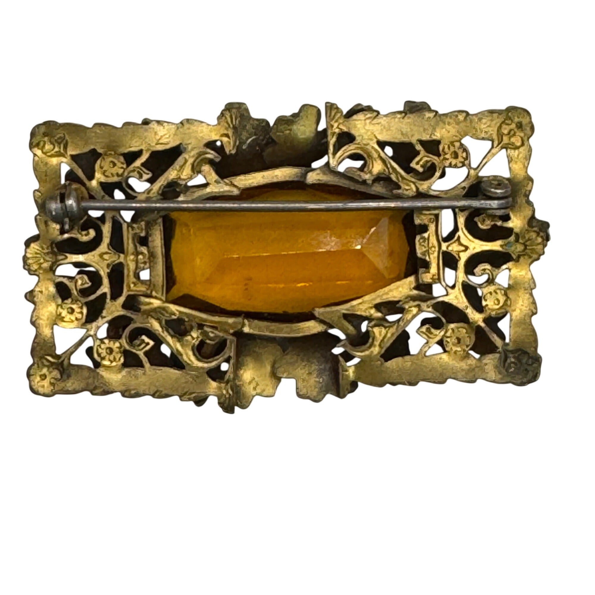 Vintage Amber Czech Glass Floral Brass Brooch Pin Ornate 2" Art Deco Victorian