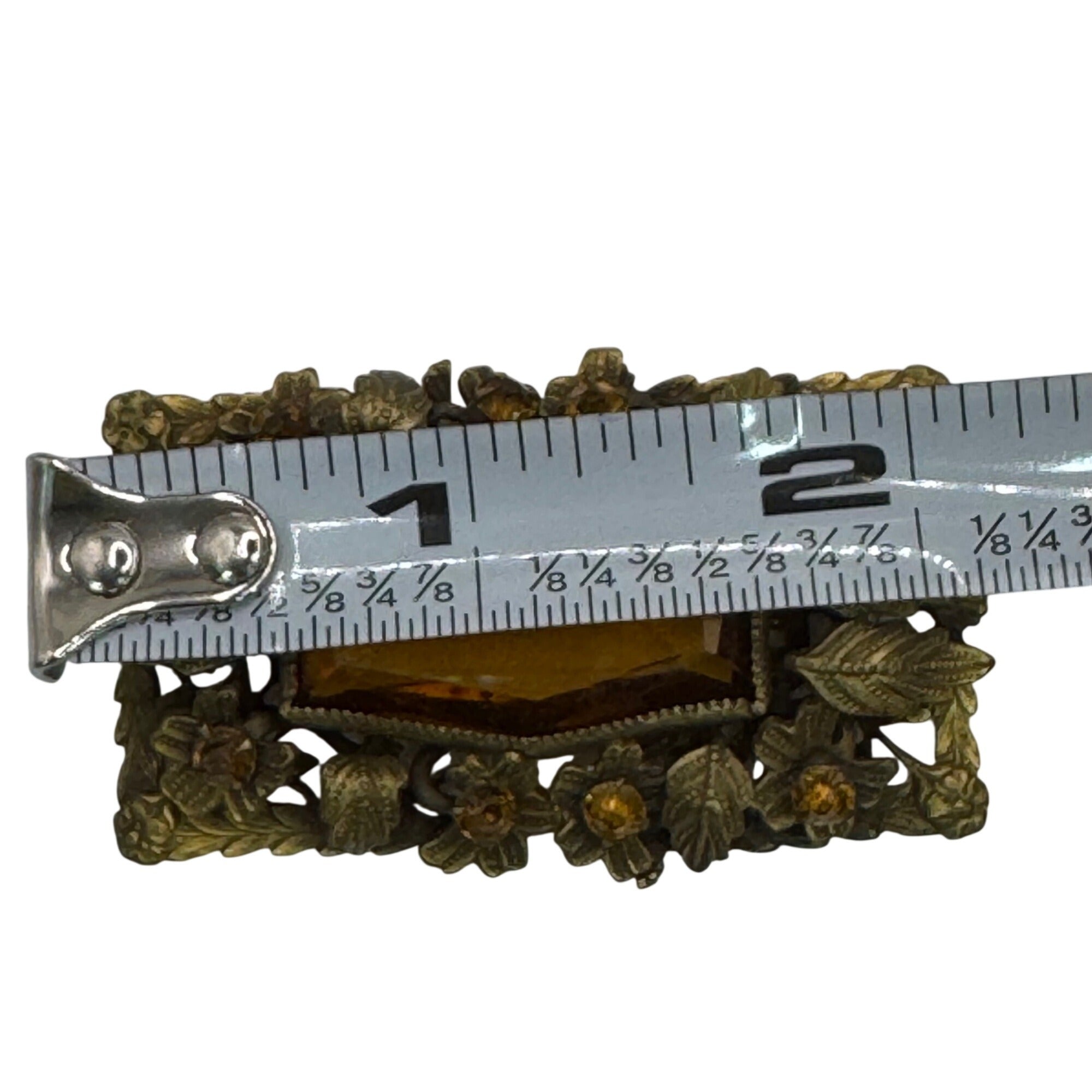 Vintage Amber Czech Glass Floral Brass Brooch Pin Ornate 2" Art Deco Victorian