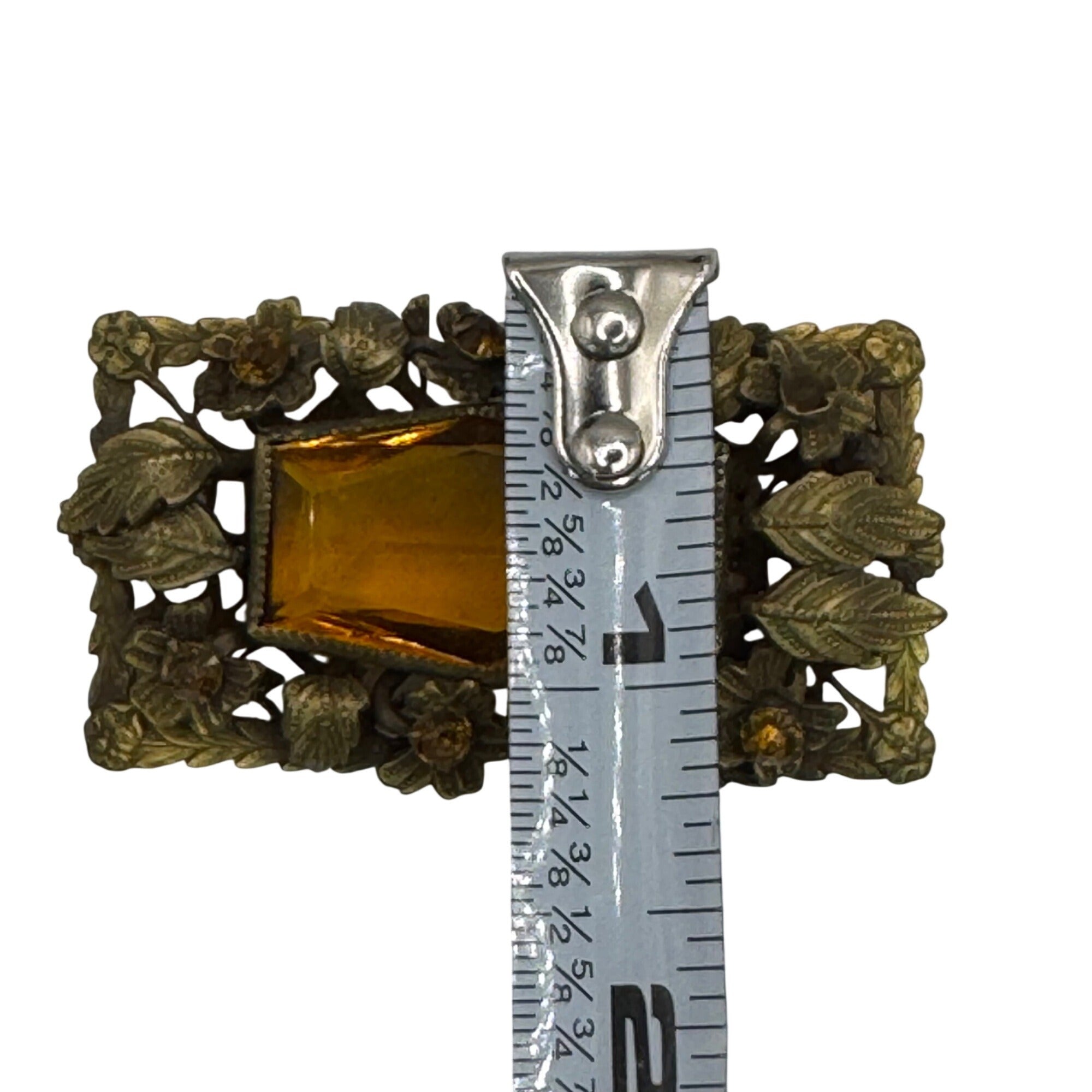 Vintage Amber Czech Glass Floral Brass Brooch Pin Ornate 2" Art Deco Victorian