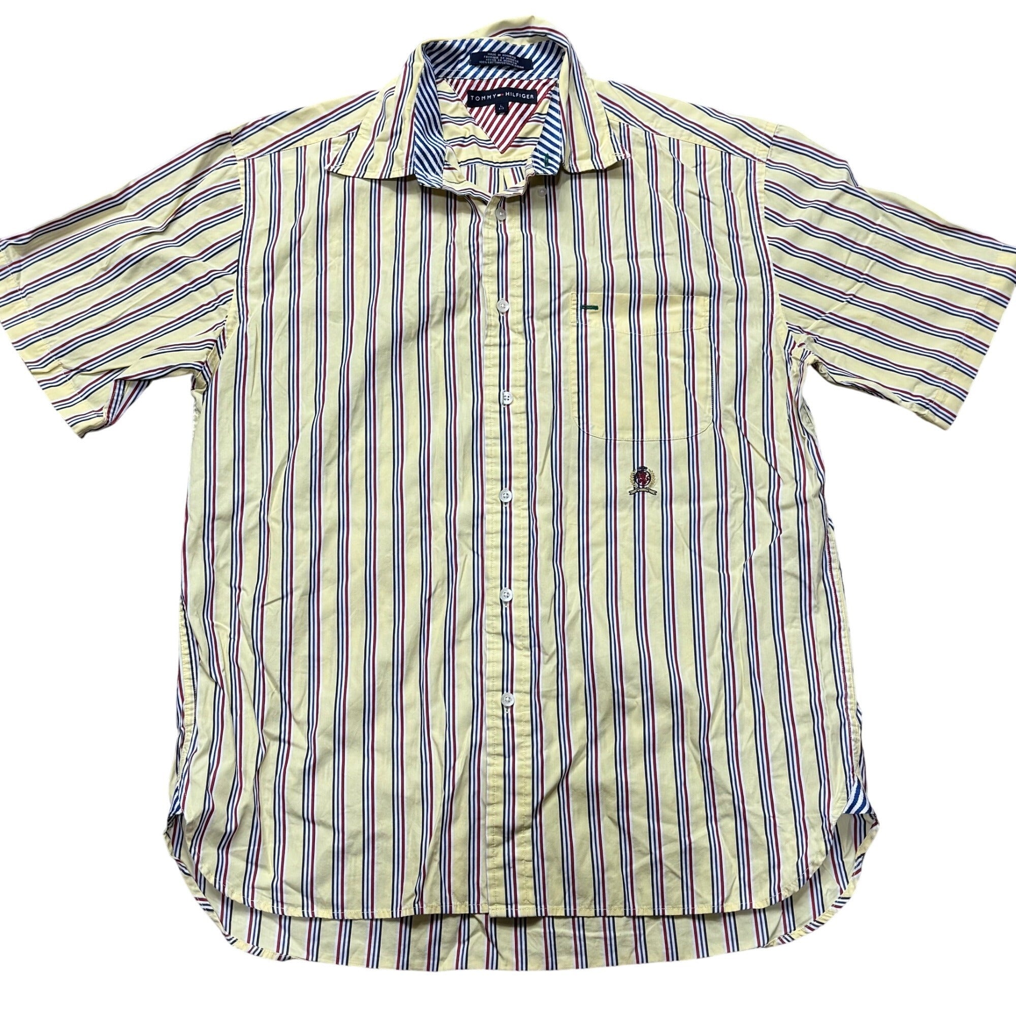 Tommy Hilfiger Striped Yellow Blue Red Cotton Short Sleeve Button-Up Shirt Sz L