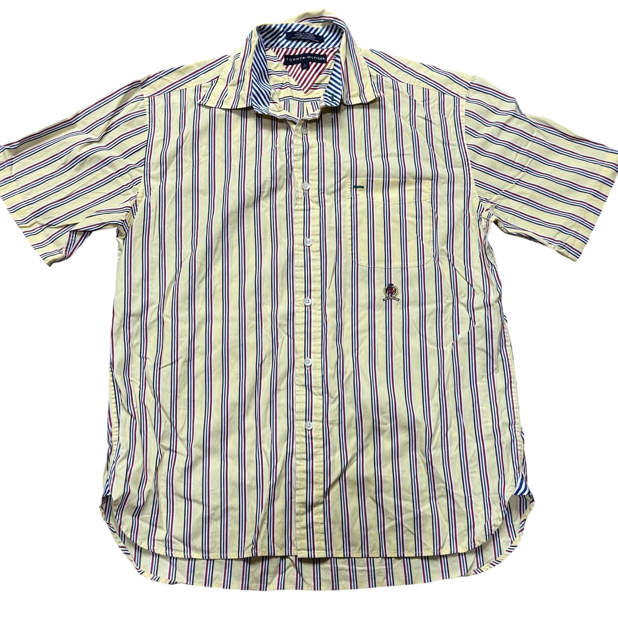 Tommy Hilfiger Striped Yellow Blue Red Cotton Short Sleeve Button-Up Shirt Sz L