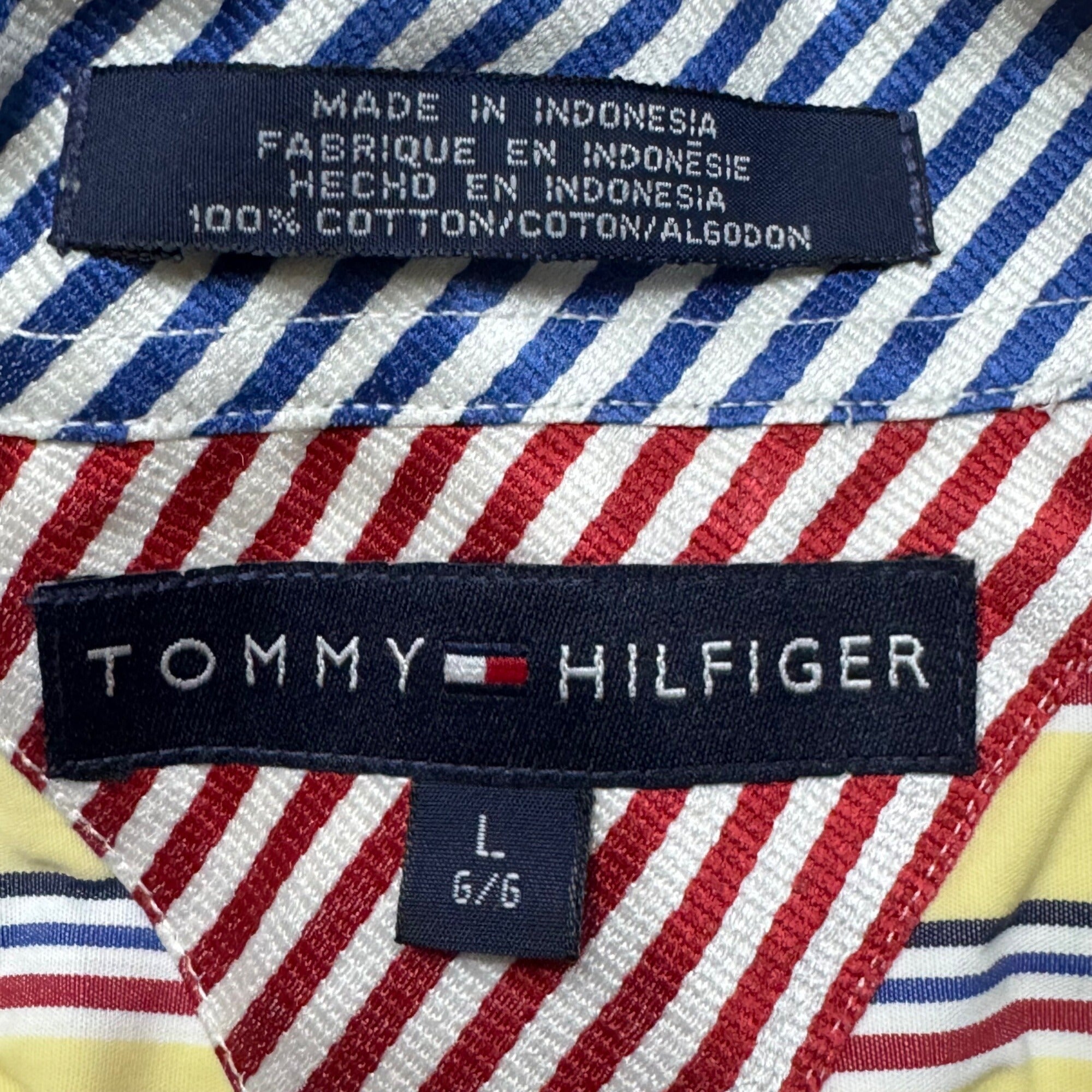 Tommy Hilfiger Striped Yellow Blue Red Cotton Short Sleeve Button-Up Shirt Sz L