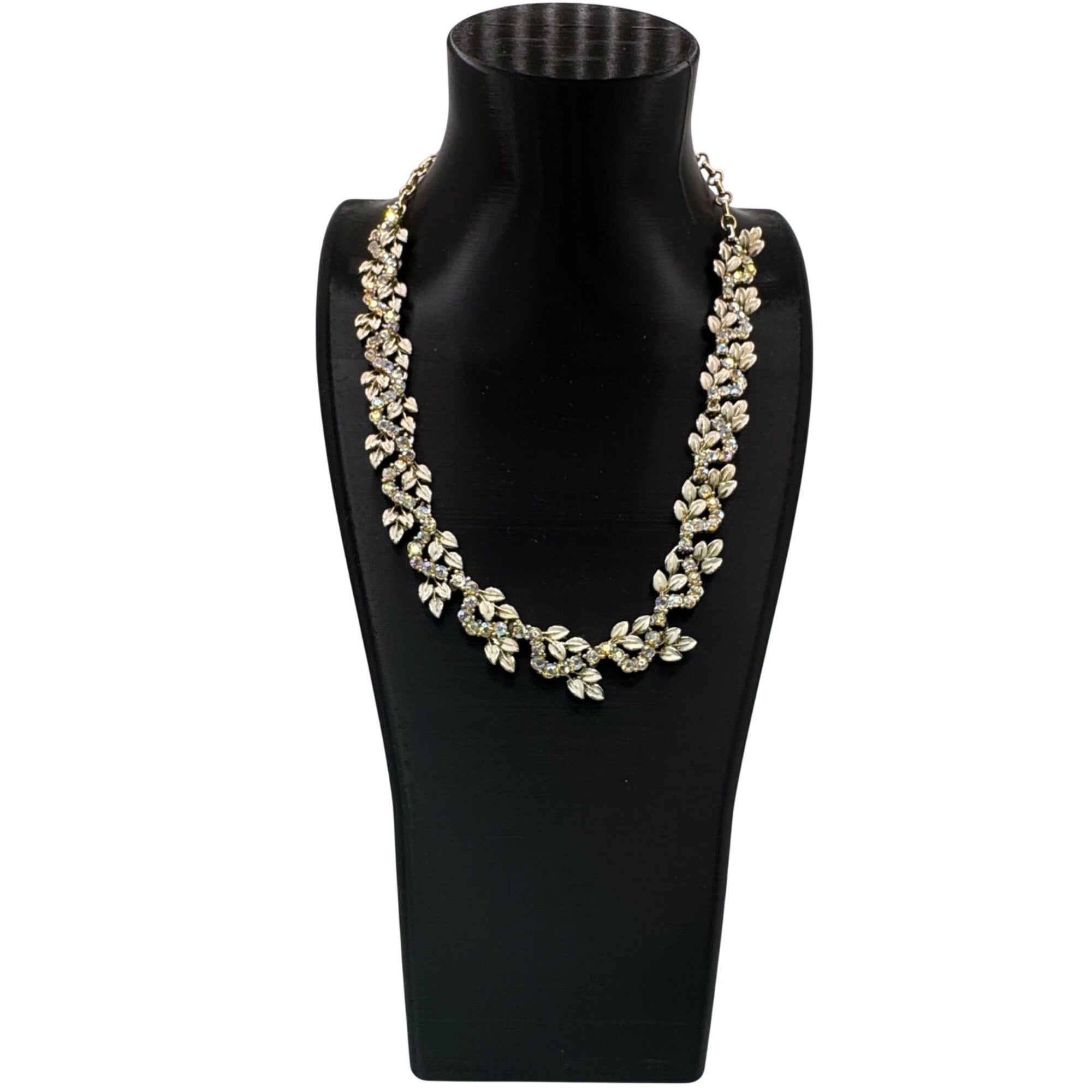 Vintage Coro Gold-Tone Leaf & Rhinestone Necklace 17.5" Elegant Costume Jewelry