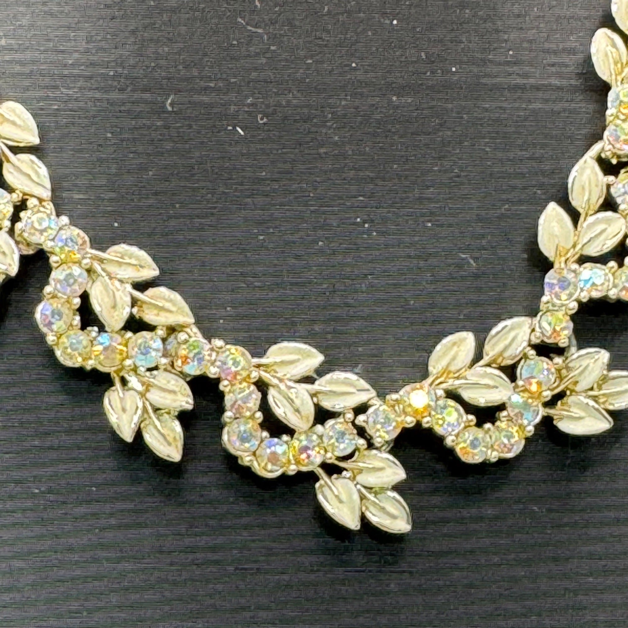Vintage Coro Gold-Tone Leaf & Rhinestone Necklace 17.5" Elegant Costume Jewelry