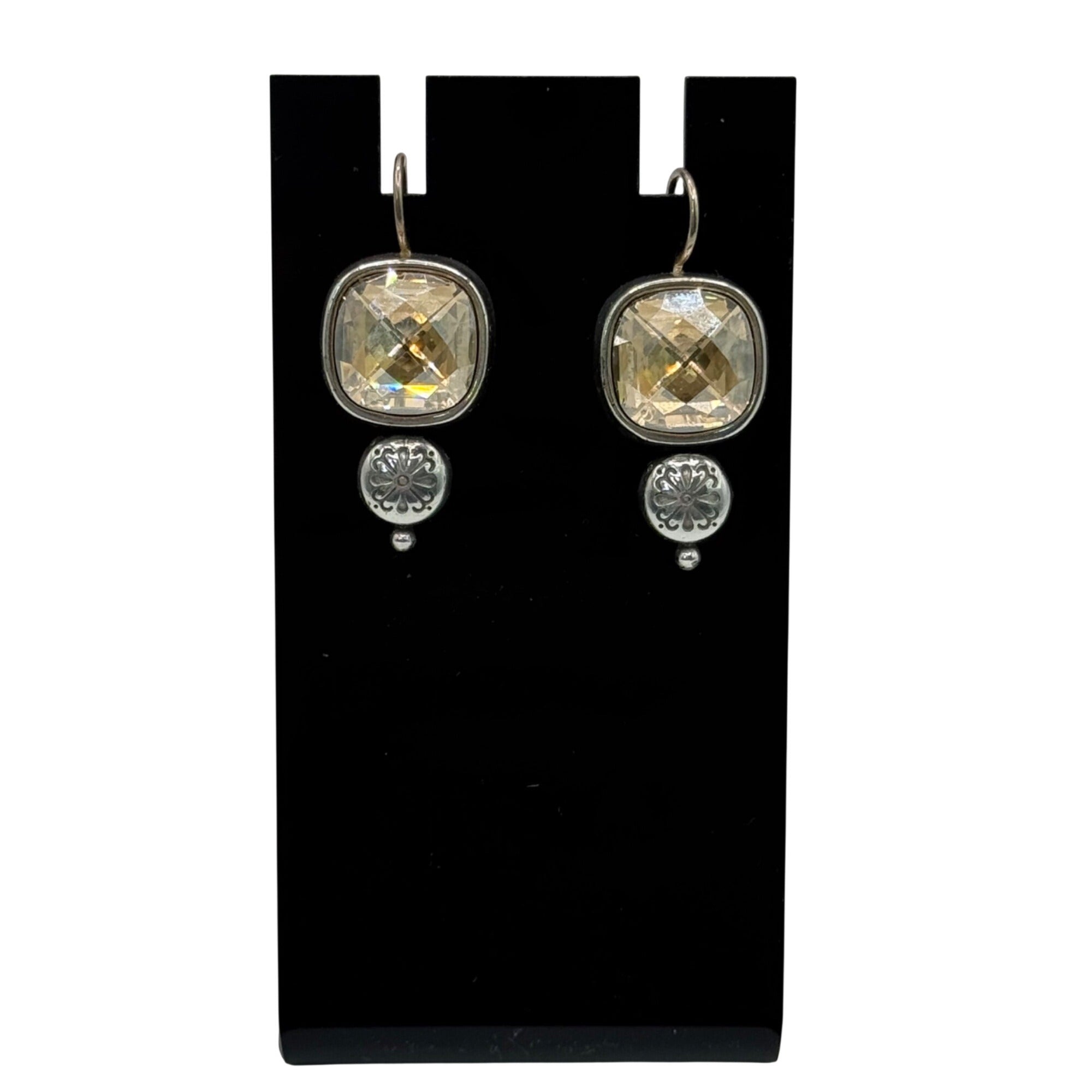 Brighton Citrine Dangle Earrings Silver Tone Floral Accent 1" Long Boho Art Deco