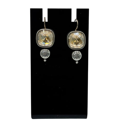 Brighton Citrine Dangle Earrings Silver Tone Floral Accent 1" Long Boho Art Deco
