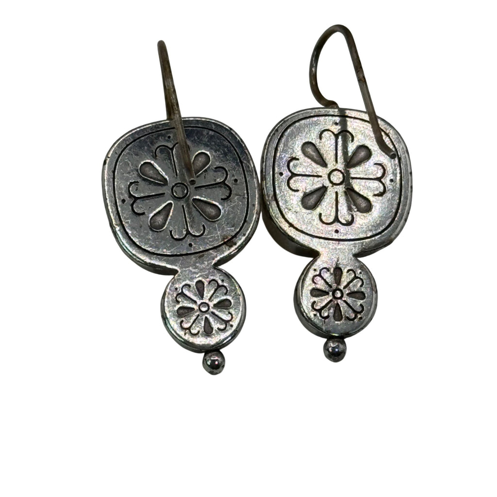 Brighton Citrine Dangle Earrings Silver Tone Floral Accent 1" Long Boho Art Deco