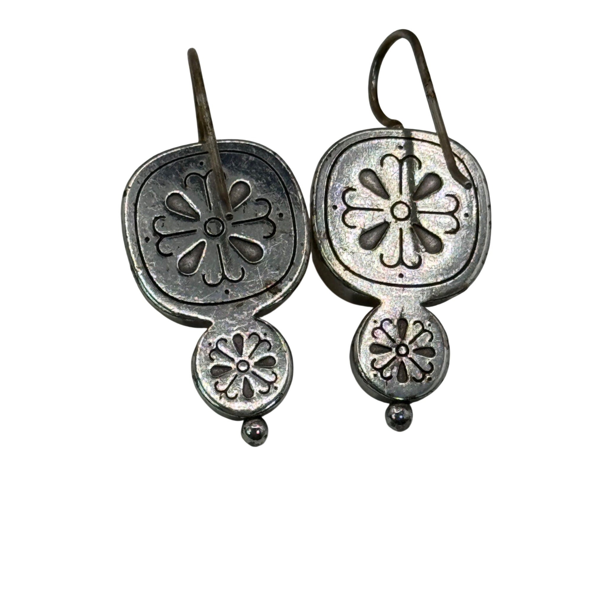 Brighton Citrine Dangle Earrings Silver Tone Floral Accent 1" Long Boho Art Deco