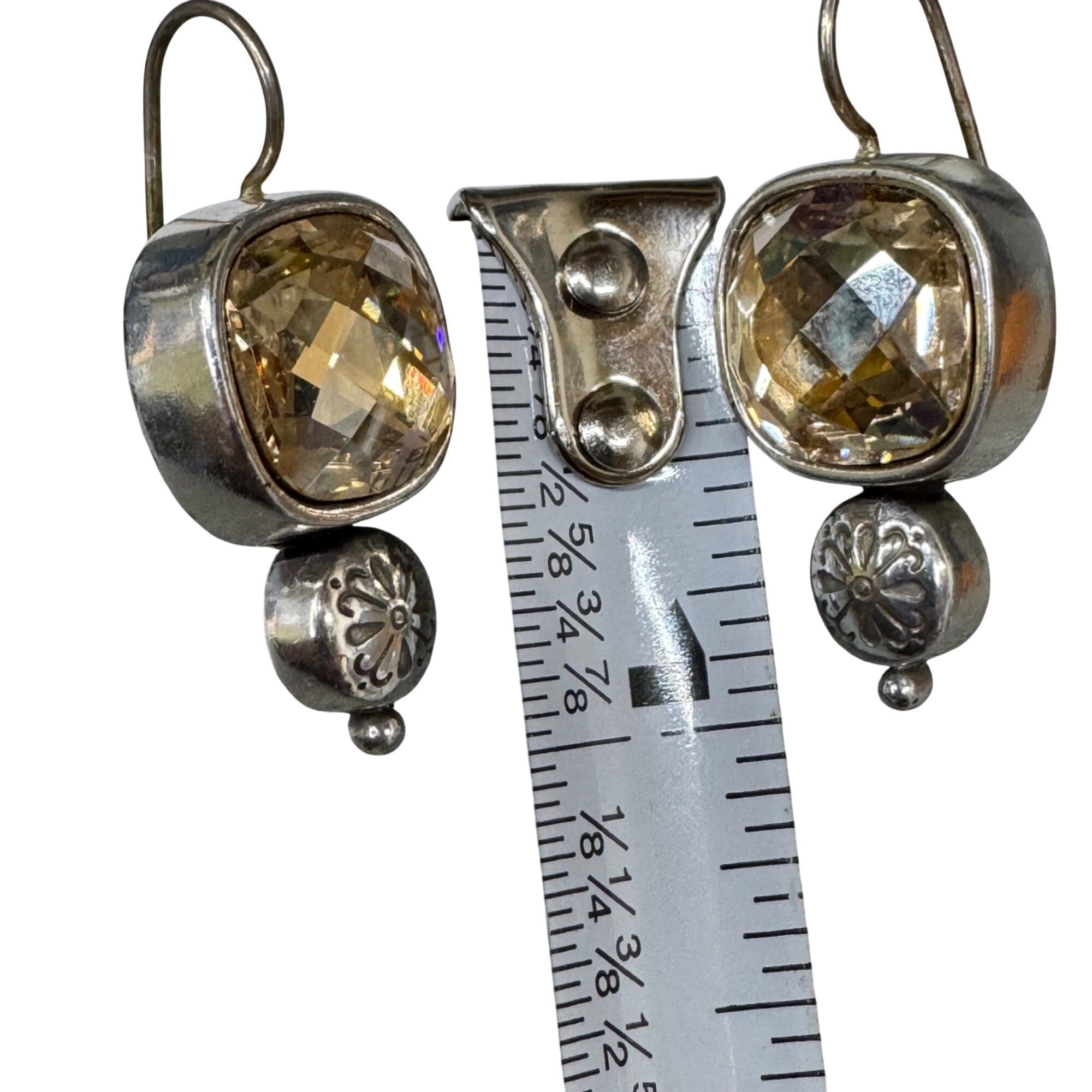 Brighton Citrine Dangle Earrings Silver Tone Floral Accent 1" Long Boho Art Deco