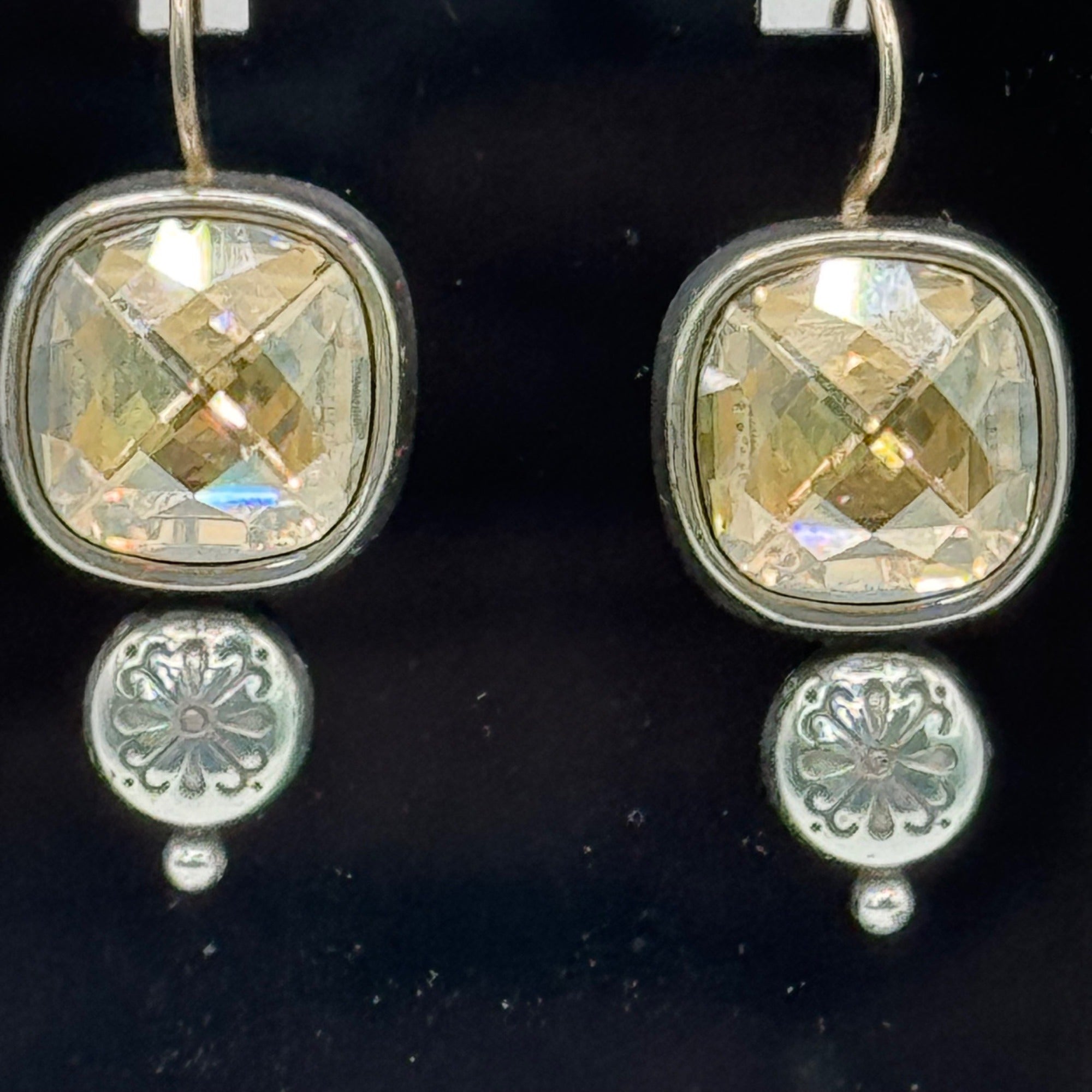 Brighton Citrine Dangle Earrings Silver Tone Floral Accent 1" Long Boho Art Deco
