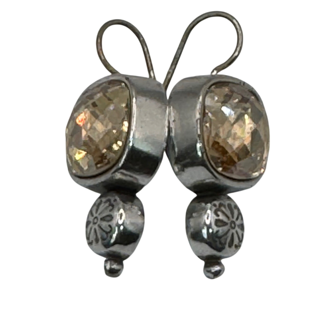 Brighton Citrine Dangle Earrings Silver Tone Floral Accent 1" Long Boho Art Deco