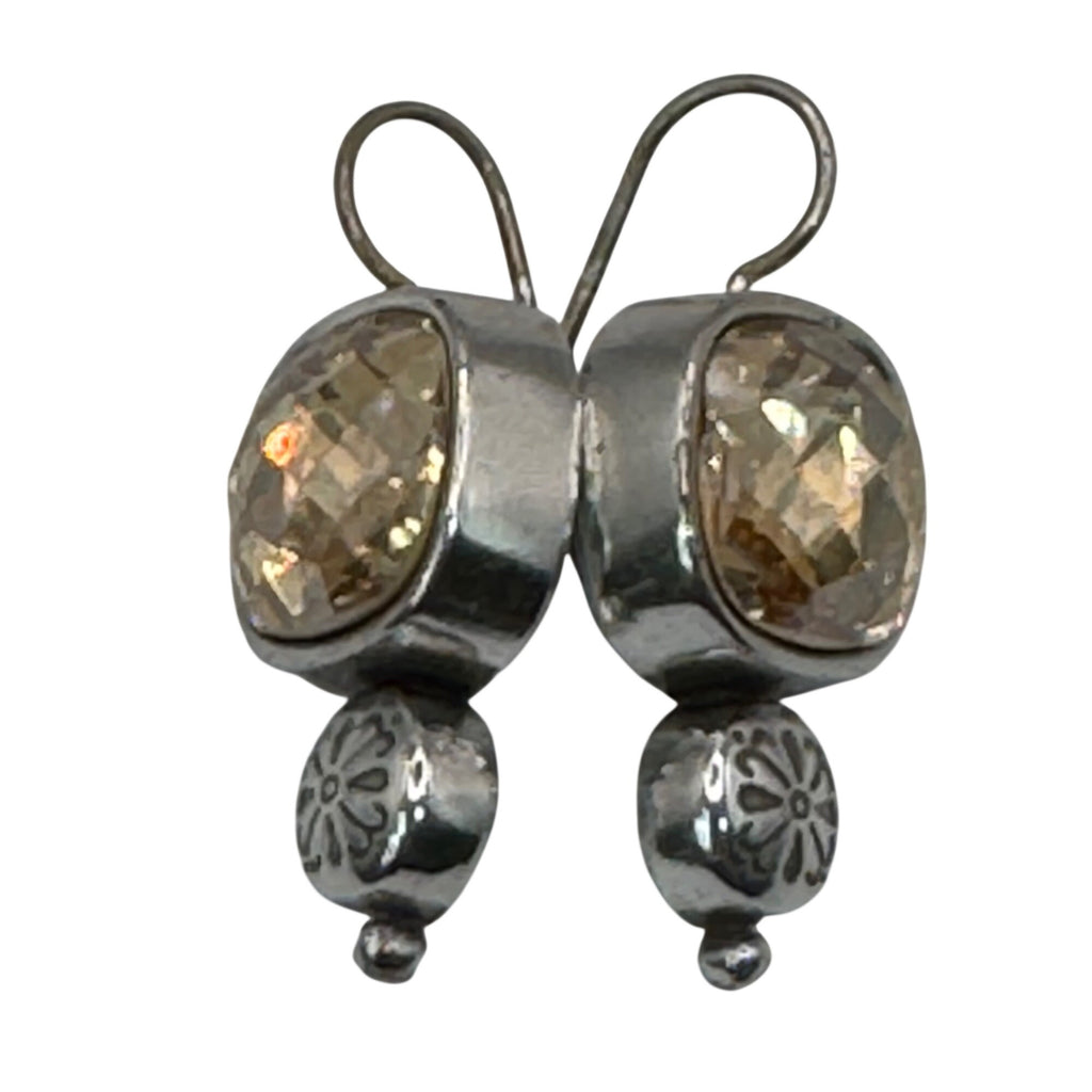 Brighton Citrine Dangle Earrings Silver Tone Floral Accent 1" Long Boho Art Deco