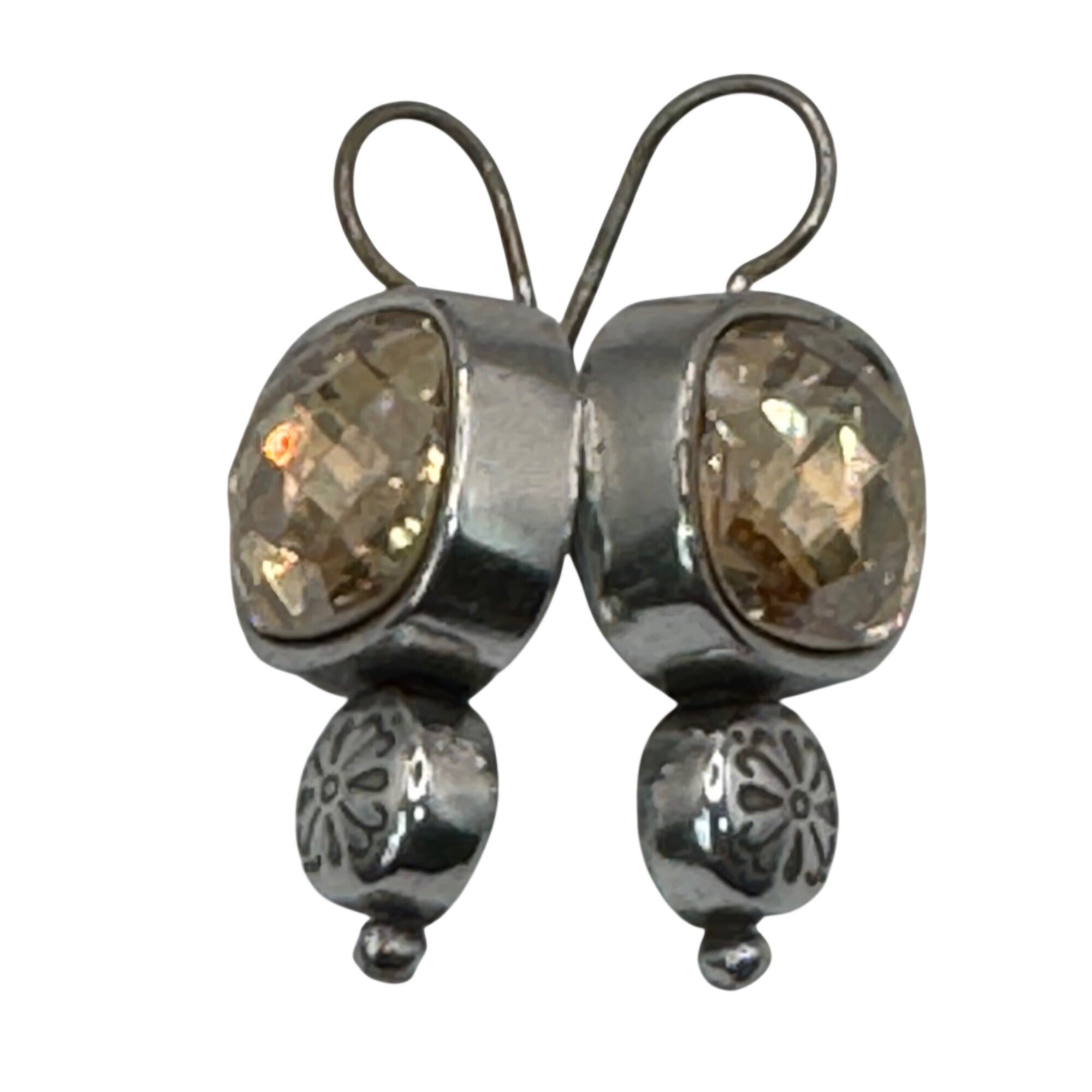 Brighton Citrine Dangle Earrings Silver Tone Floral Accent 1" Long Boho Art Deco
