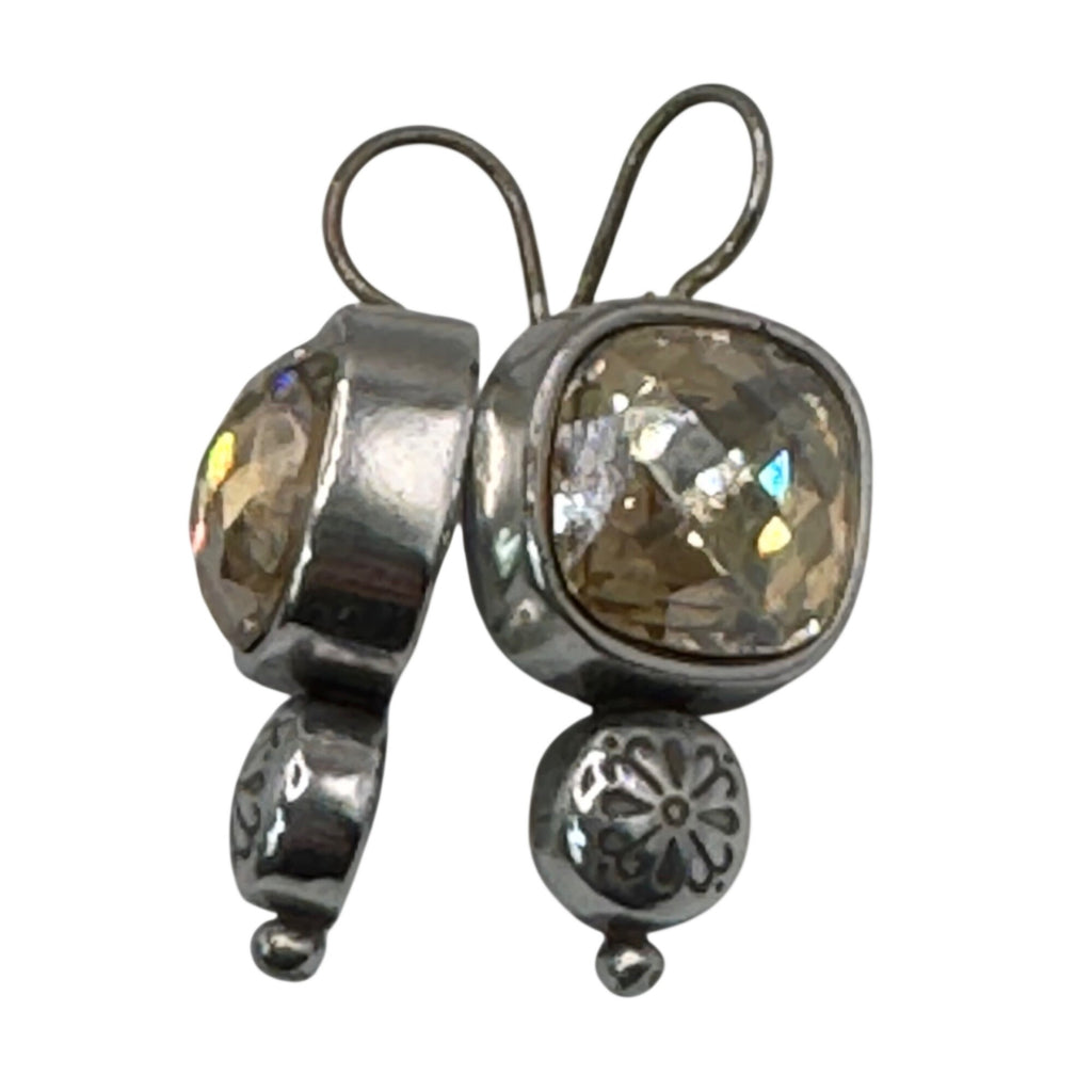 Brighton Citrine Dangle Earrings Silver Tone Floral Accent 1" Long Boho Art Deco