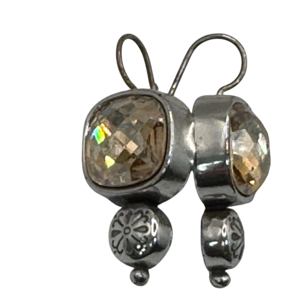 Brighton Citrine Dangle Earrings Silver Tone Floral Accent 1" Long Boho Art Deco