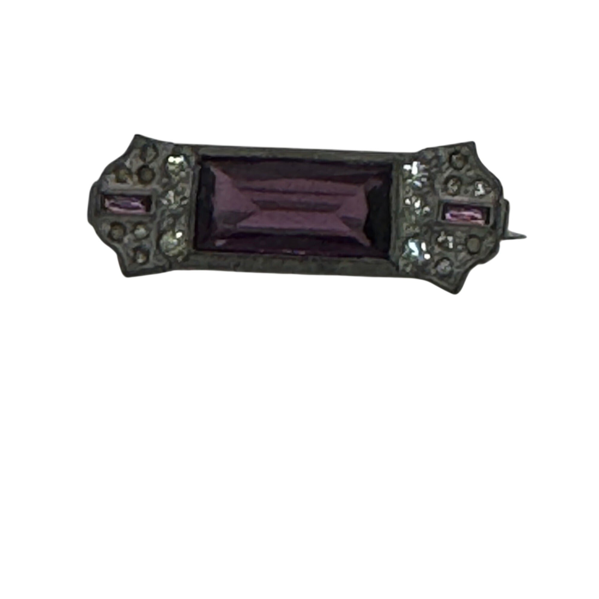 Vintage Amethyst Glass Bar Pin Brooch Purple Rhinestones Art Deco Victorian