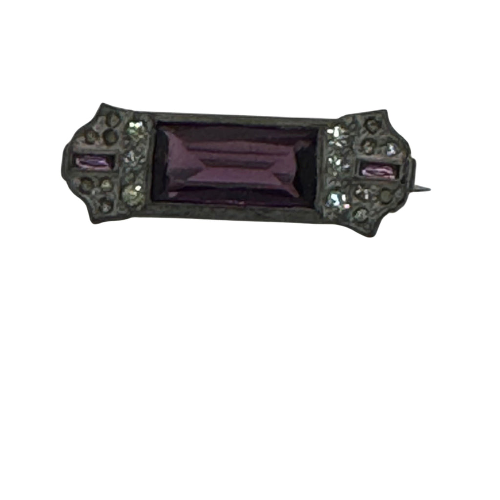 Vintage Amethyst Glass Bar Pin Brooch Purple Rhinestones Art Deco Victorian
