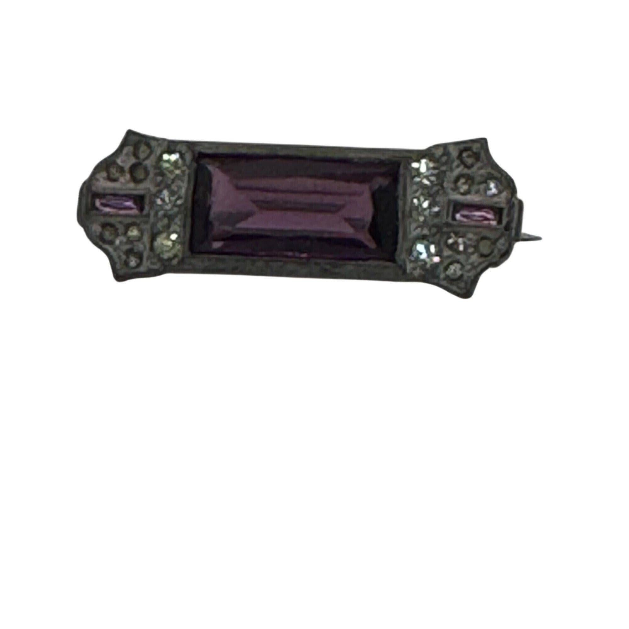 Vintage Amethyst Glass Bar Pin Brooch Purple Rhinestones Art Deco Victorian
