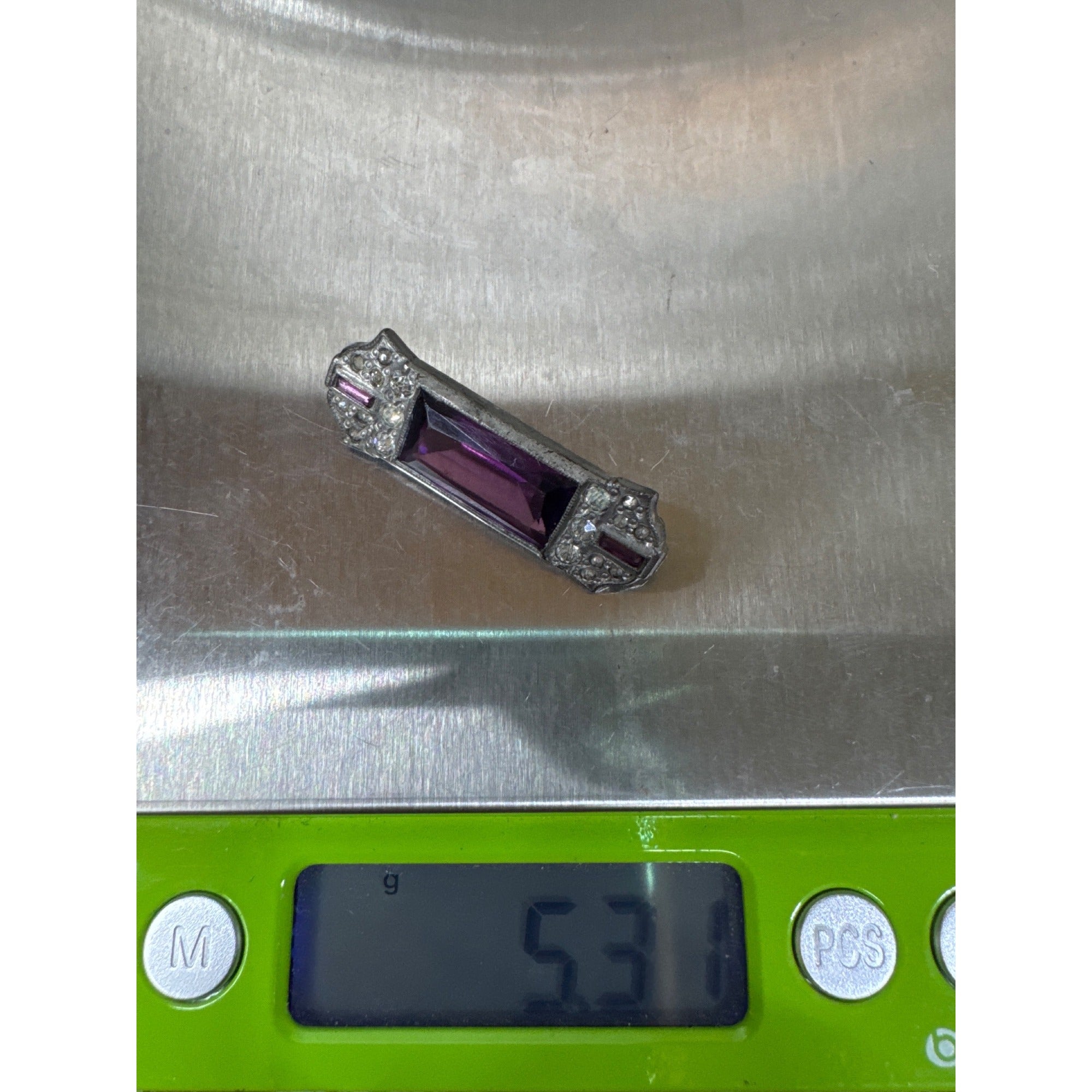 Vintage Amethyst Glass Bar Pin Brooch Purple Rhinestones Art Deco Victorian