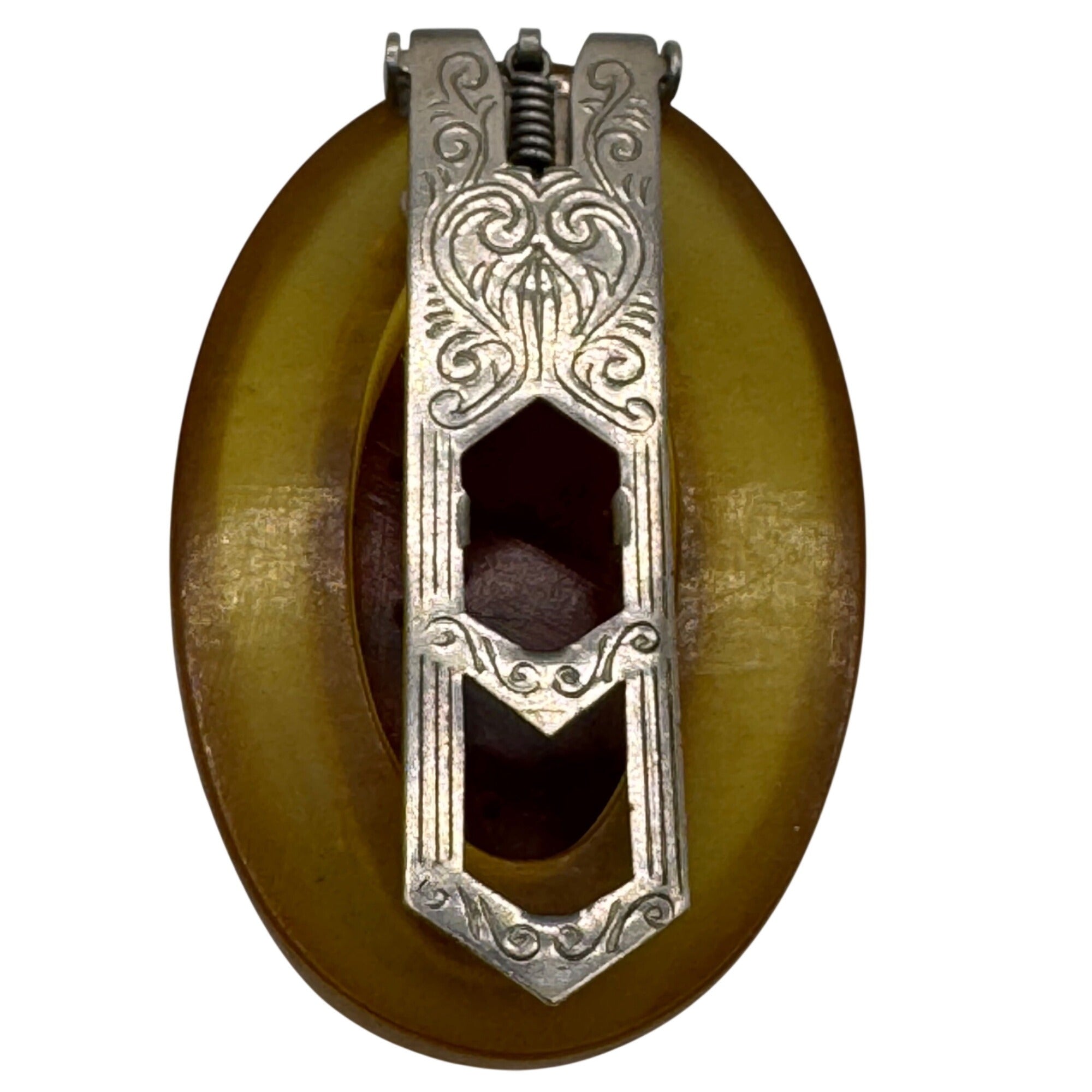 Vintage Apple Juice Bakelite Carved Floral Brooch Dress Buckle Clip 2" Art Deco