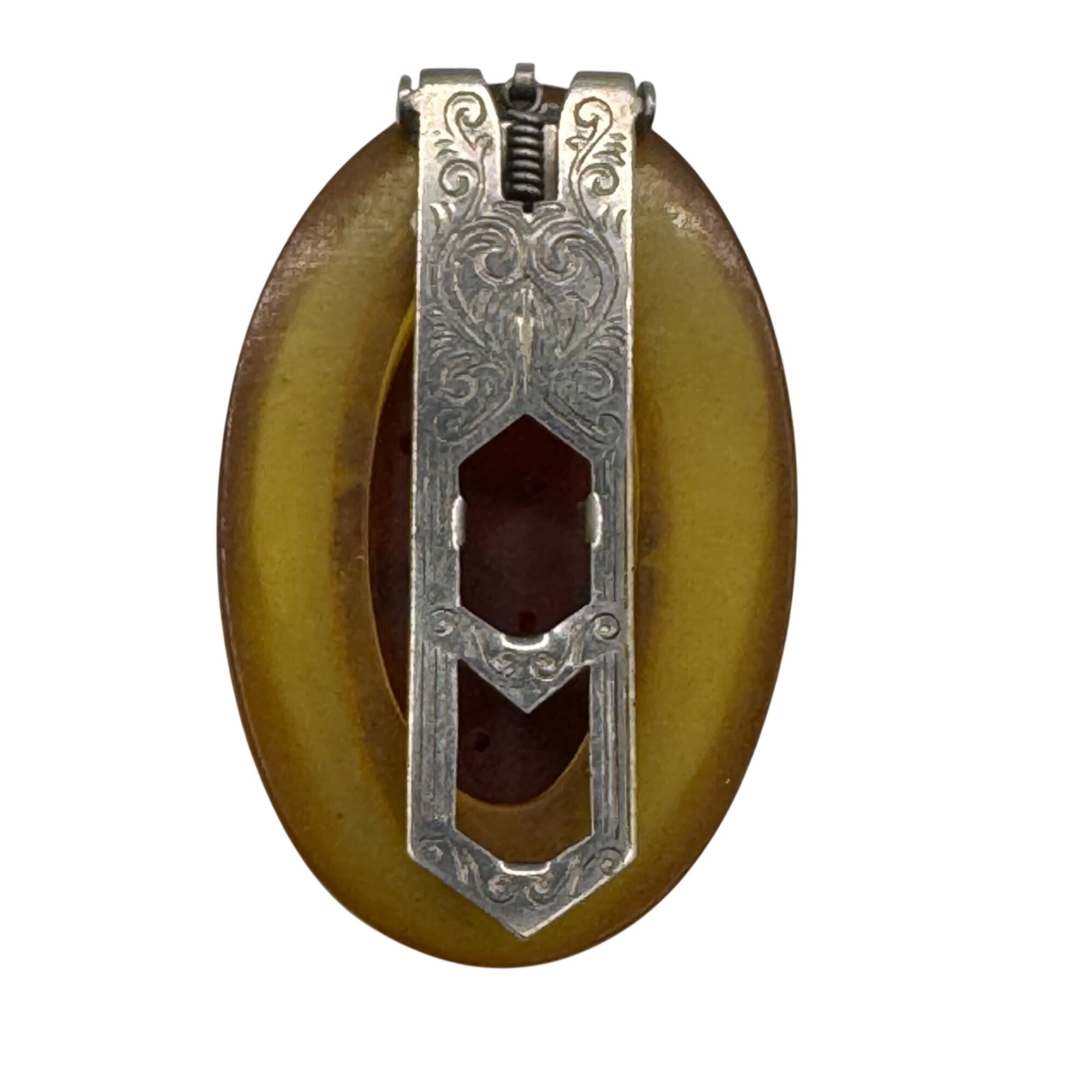 Vintage Apple Juice Bakelite Carved Floral Brooch Dress Buckle Clip 2" Art Deco