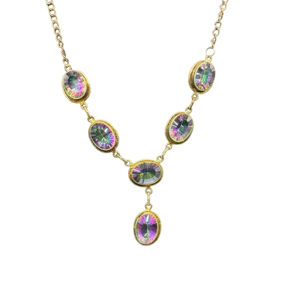 Sterling Silver 925 Y Necklace Mystic Topaz Iridescent Oval Stones Gold Vermeil