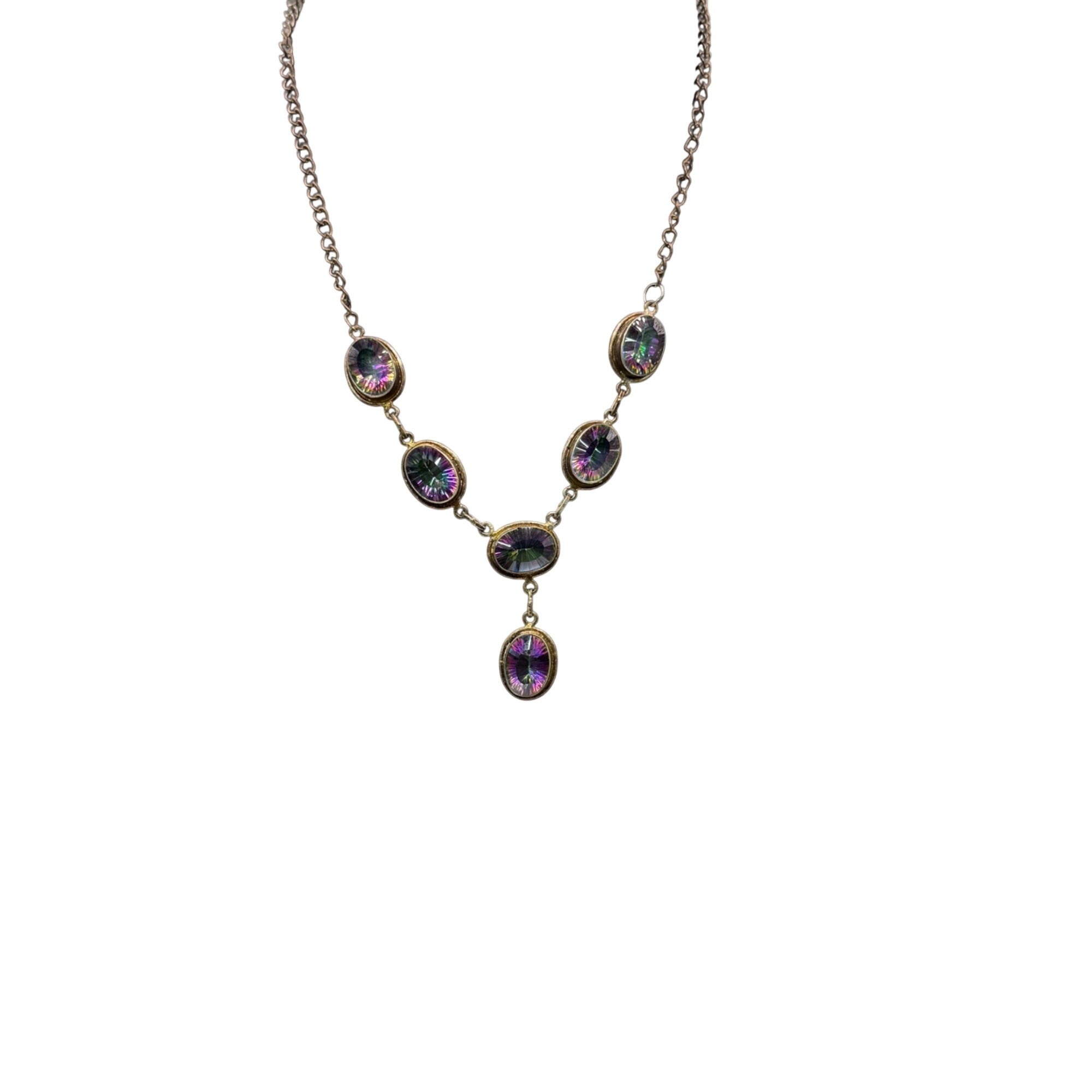 Sterling Silver 925 Y Necklace Mystic Topaz Iridescent Oval Stones Gold Vermeil