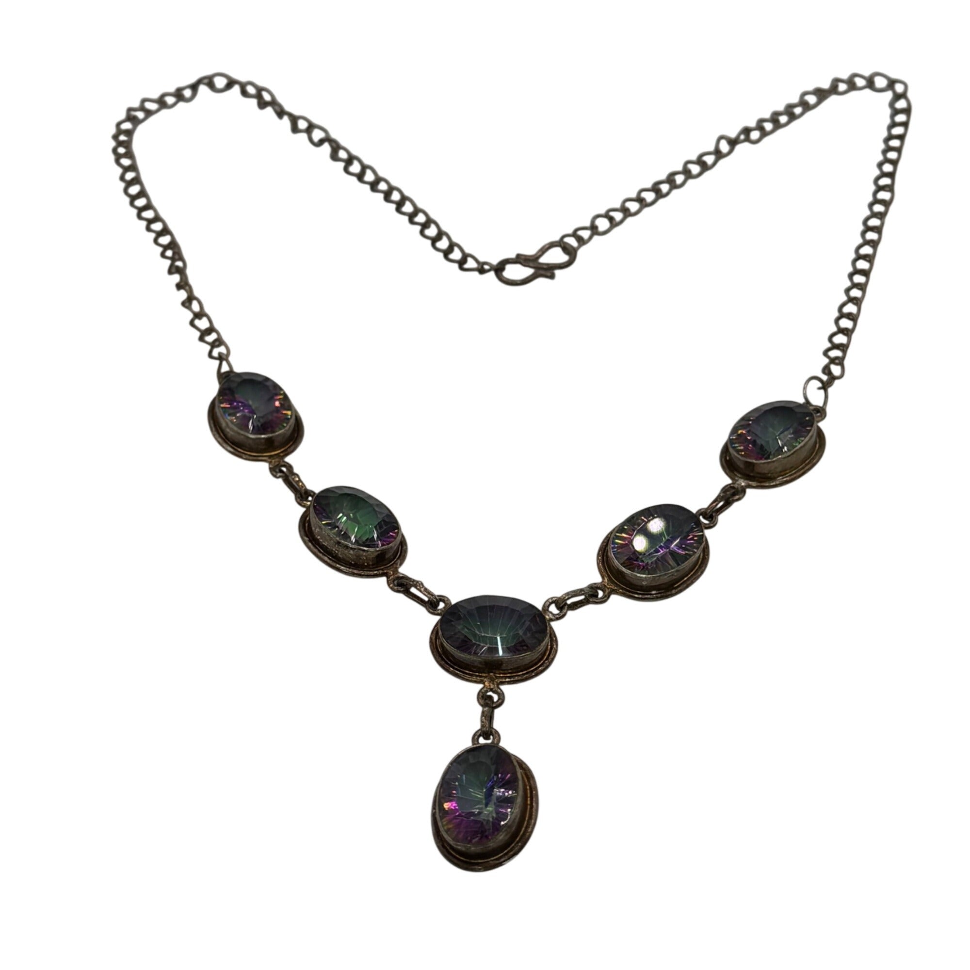 Sterling Silver 925 Y Necklace Mystic Topaz Iridescent Oval Stones Gold Vermeil