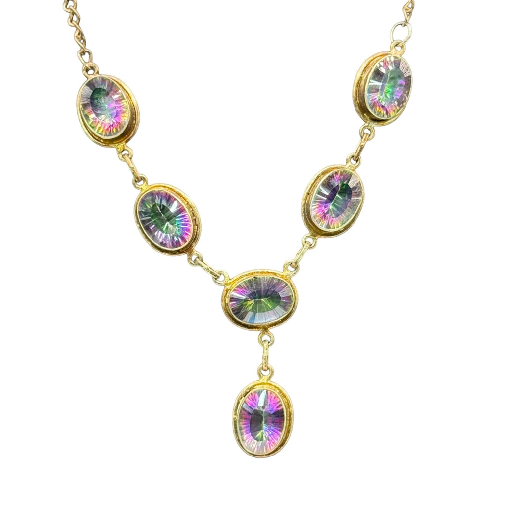 Sterling Silver 925 Y Necklace Mystic Topaz Iridescent Oval Stones Gold Vermeil