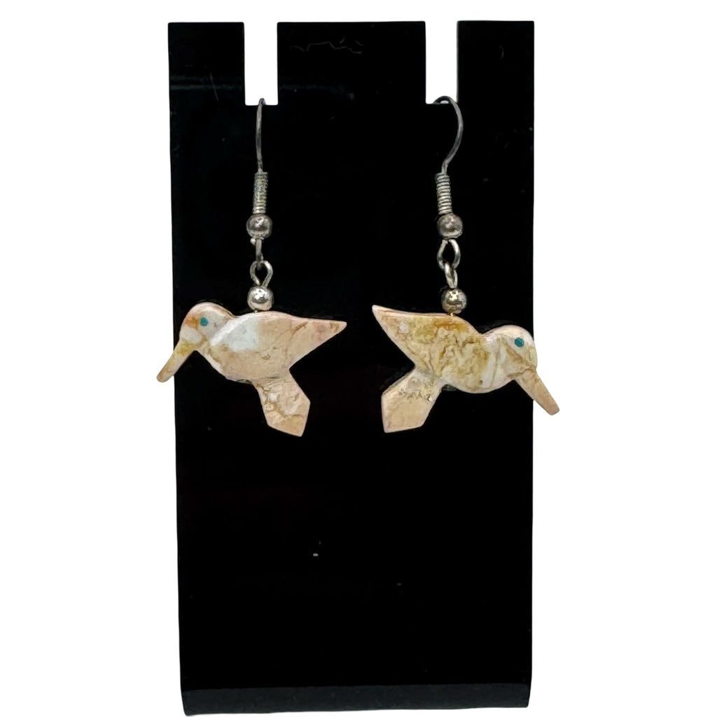 Vintage Zuni Fetish Carved Jasper HummingBird Dangle Earrings Sterling Turquoise