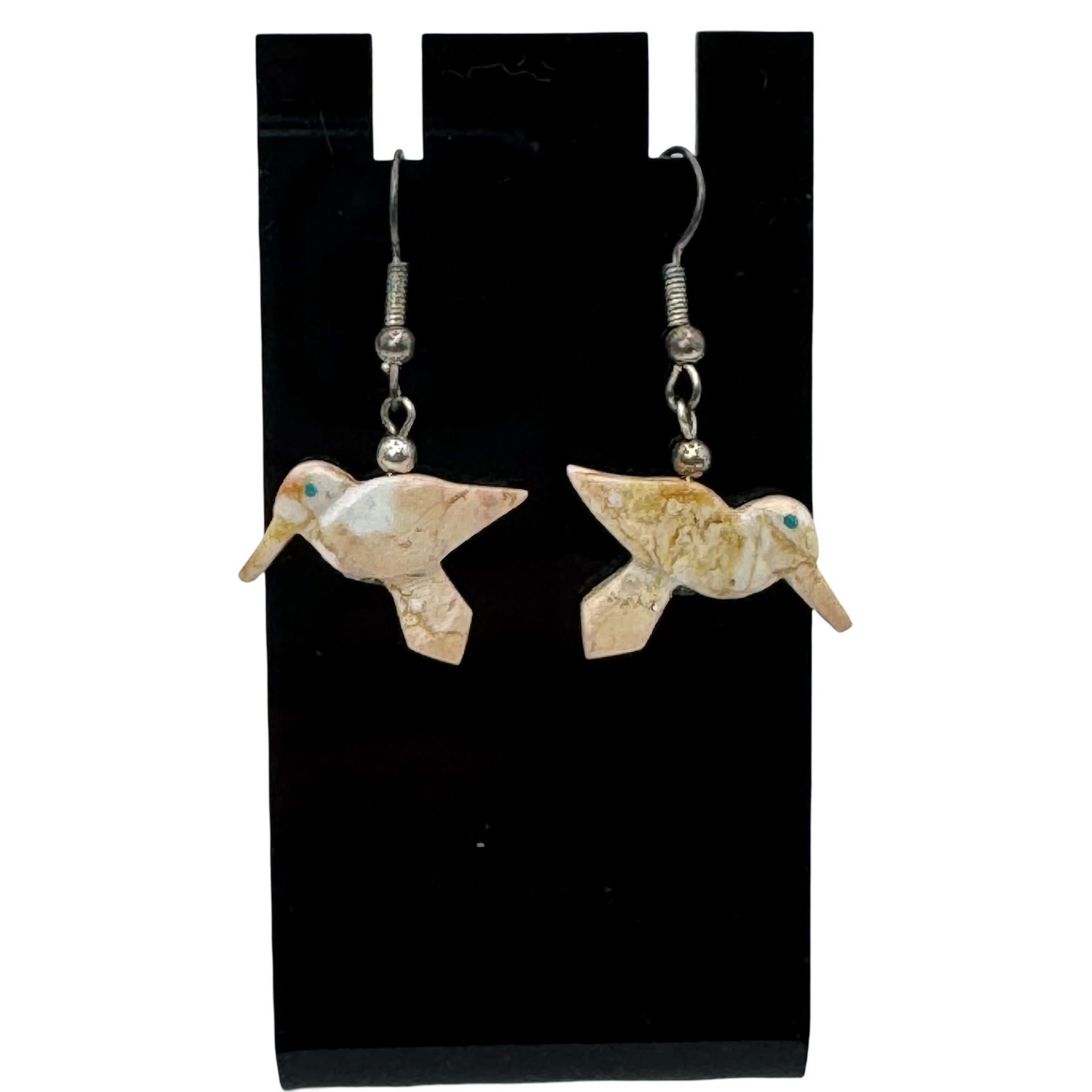 Vintage Zuni Fetish Carved Jasper HummingBird Dangle Earrings Sterling Turquoise
