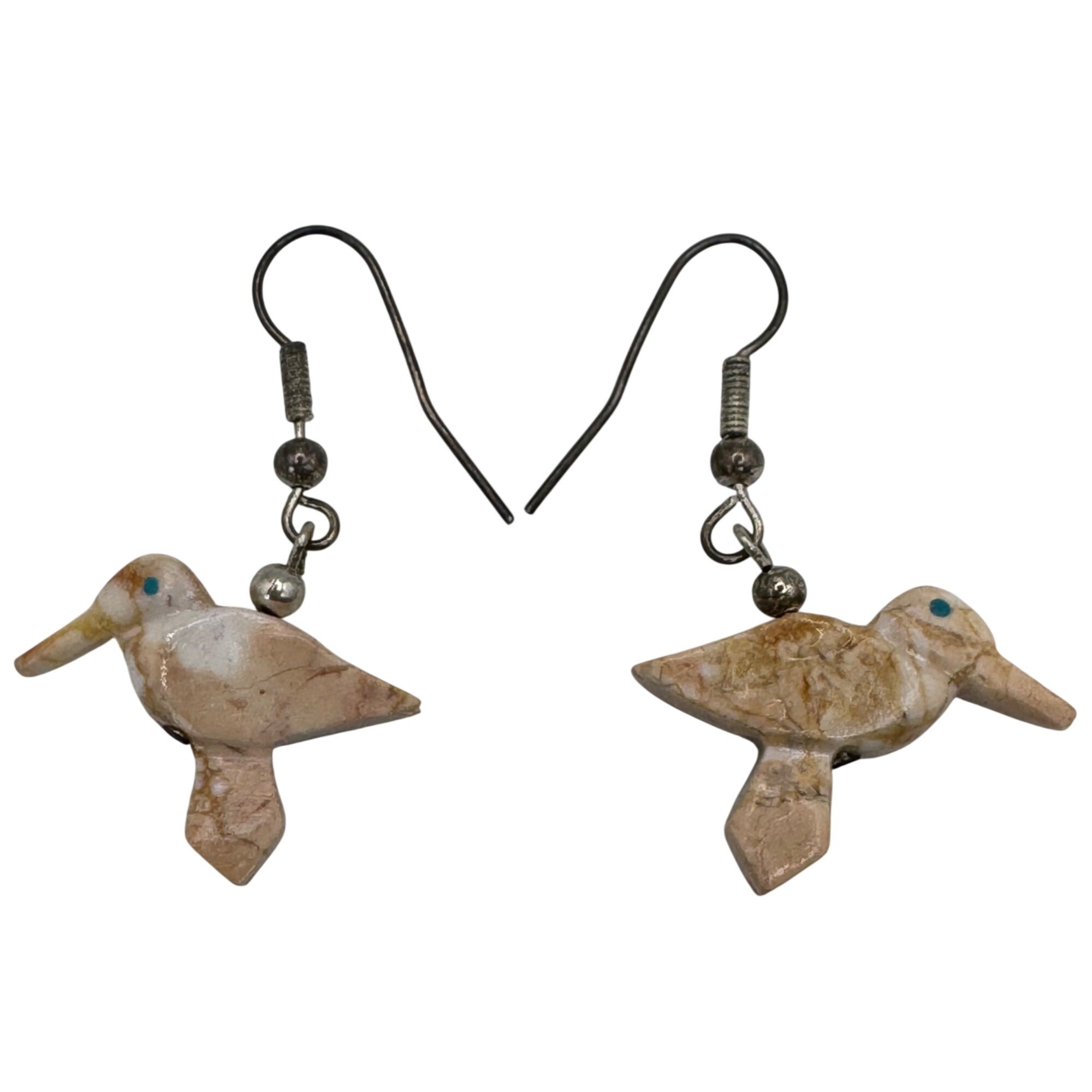Vintage Zuni Fetish Carved Jasper HummingBird Dangle Earrings Sterling Turquoise