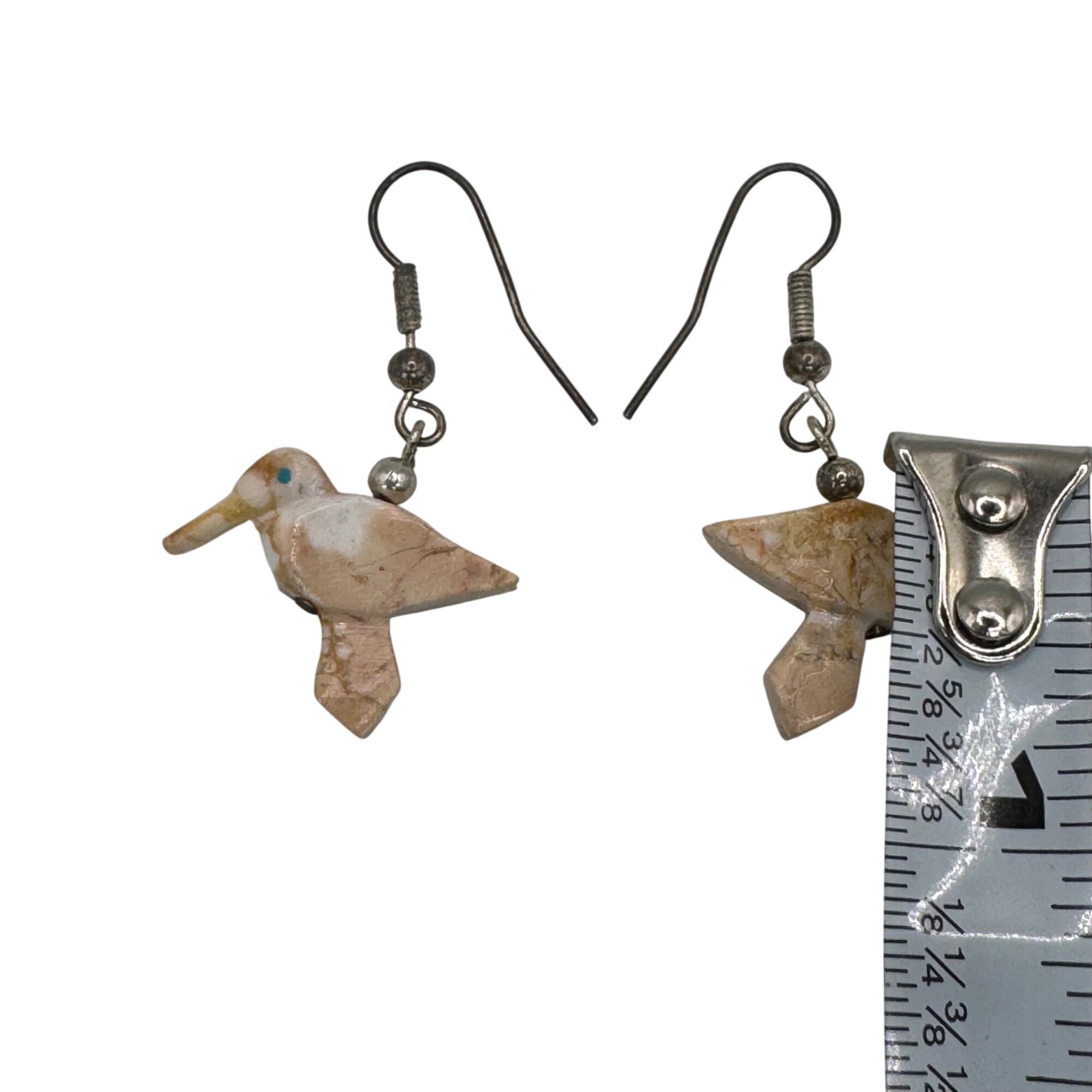 Vintage Zuni Fetish Carved Jasper HummingBird Dangle Earrings Sterling Turquoise