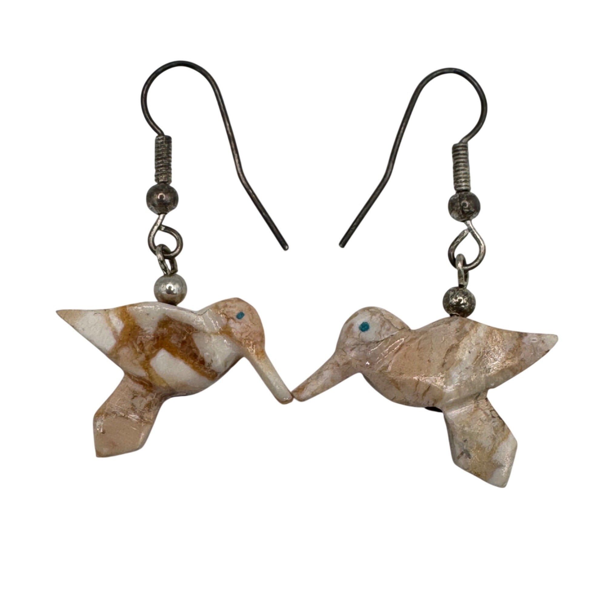 Vintage Zuni Fetish Carved Jasper HummingBird Dangle Earrings Sterling Turquoise